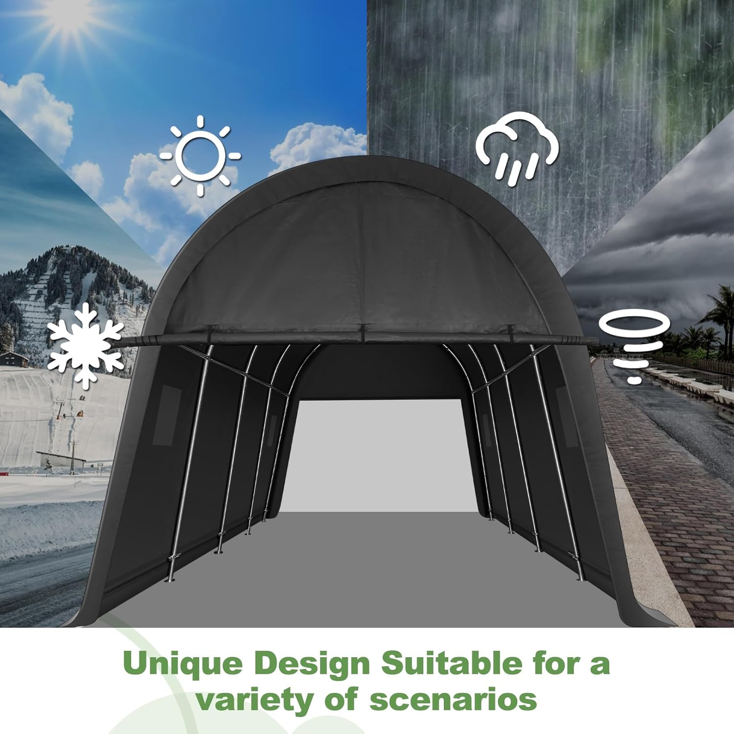 COBIZI Carport Canopy in various weather conditions: sunny, rainy, snowy, and windy.