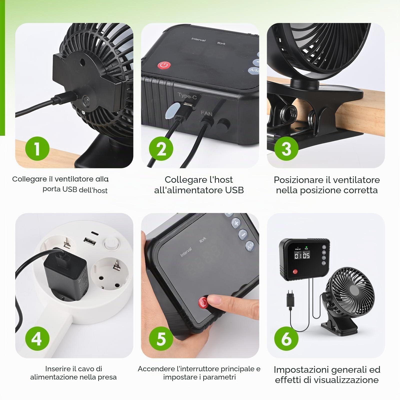Ventilatore per Grow Box con Timer Programmabile, Ventilatore per Piante 360° con Display LED, 1–60 min e 1–24 h, Cavo 2,9 m, Ventilazione per Serra, Terrario e Piccoli Animali