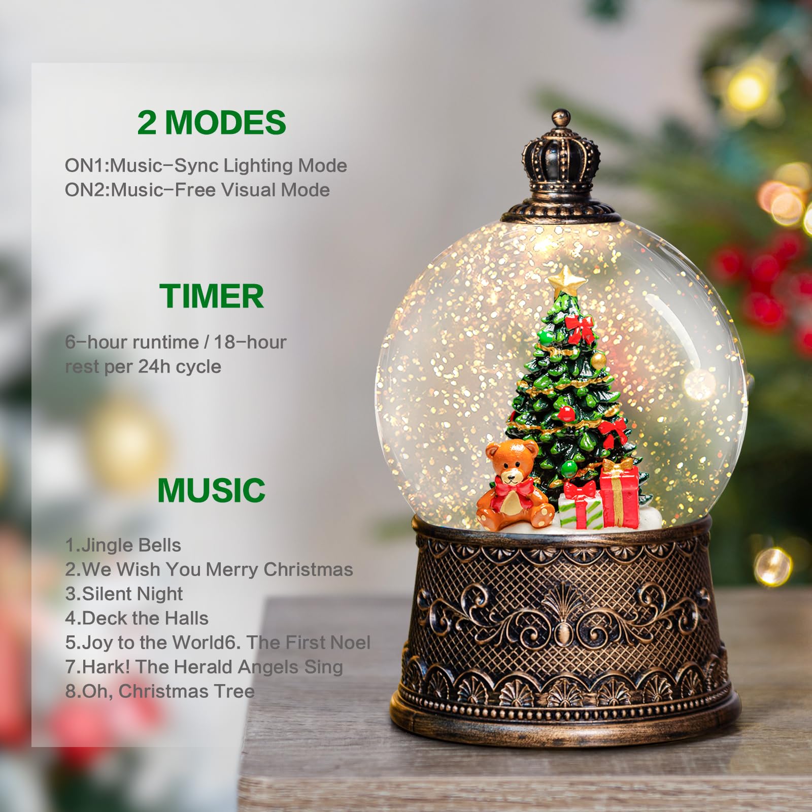 Linterna de globos de nieve de Navidad con música, globos de nieve de árbol de Navidad con efectos de purpurina de remolino de agua, alimentado por USB/batería con temporizador de 6 horas