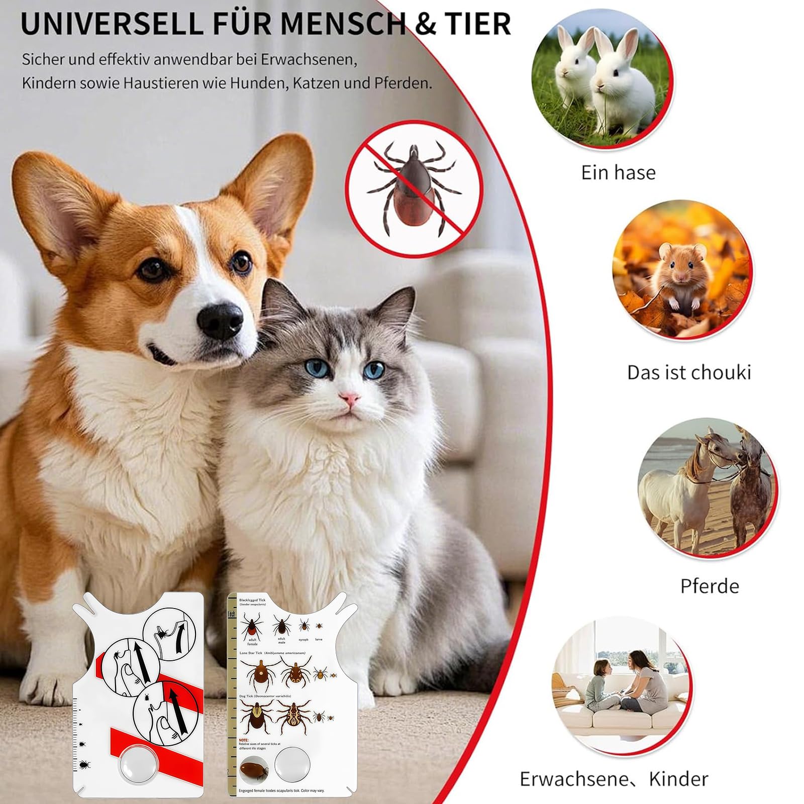 Carte De Retrait De Tiques - Tire-Tique Avec Loupe, Nettoyage Rapide Des Tiques, Parfait Pour Retirer Les Tiques, Avec Crochet Et Tire-Tiques, Pour Humains, Chiens, Chats Et Animaux Domestiques
