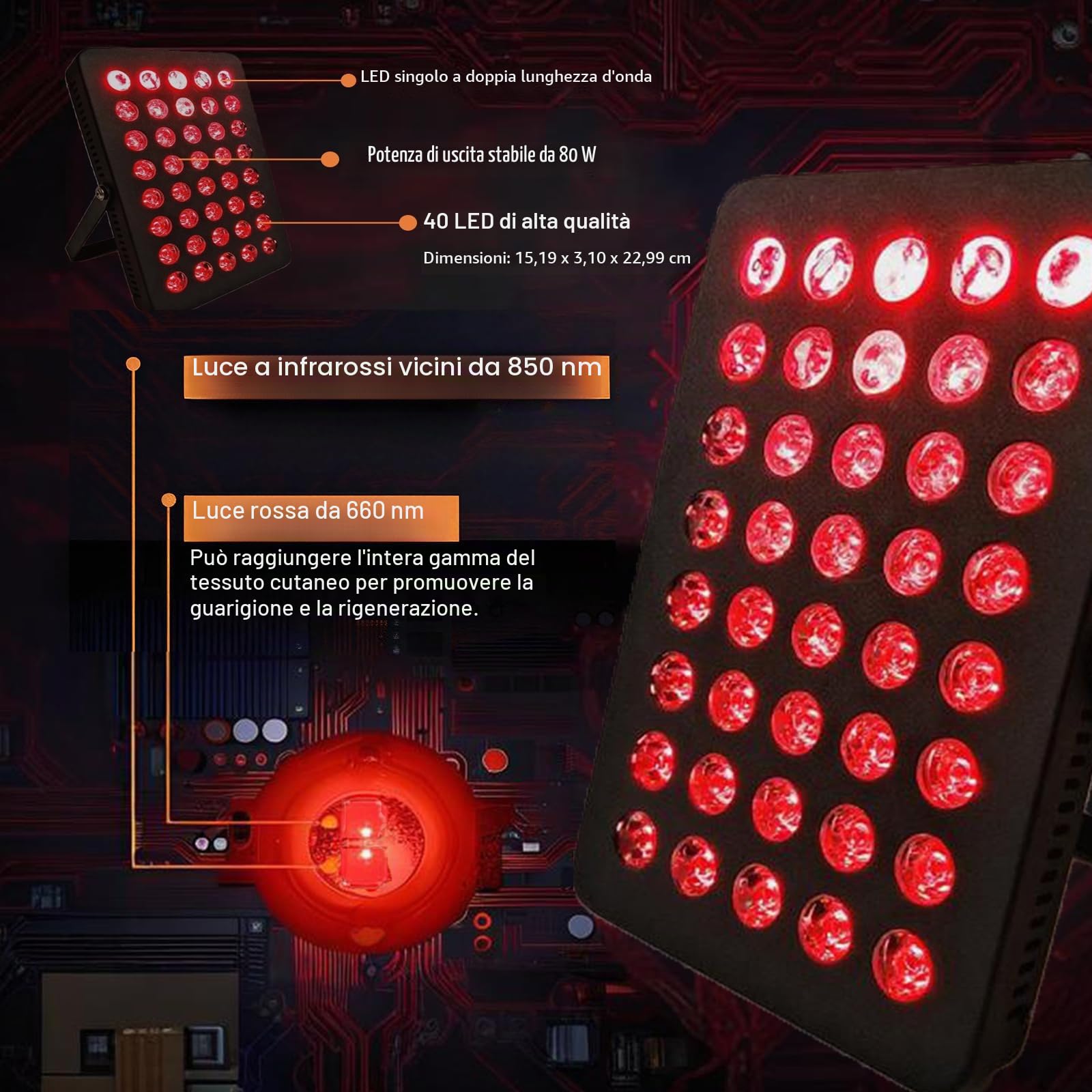 Lampada per terapia con luce rossa, luce infrarossa 40 LED, 660 nm e 850 nm, 80 W, con supporto, doppia lunghezza d'onda, luminosità regolabile, timer per uso in palestra, per muscoli