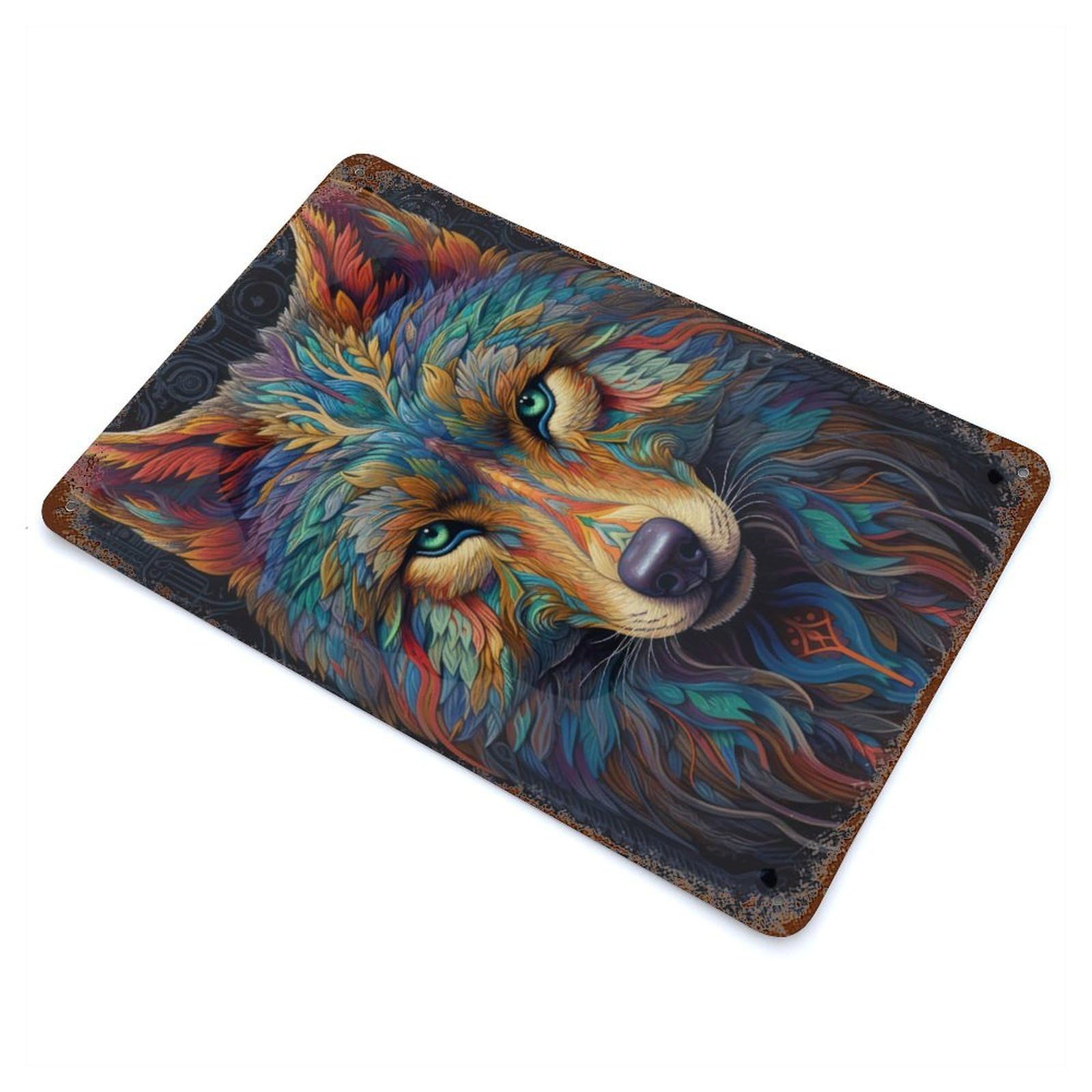 Neon Wolf Rusty Metal Tin Sign 11.8"x7.9", Industrial Home Decor for Garage, Pub Or Kitchen