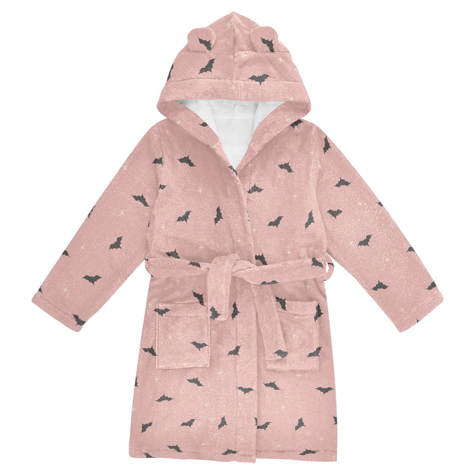 WIFIU Toddler Baby Hooded Bathrobe for Boys Girls Pattern Dark Gray Spooky Bats Printed, Soft Plush Bath Towel Robe with 2 Pockets for 10-12 Years
