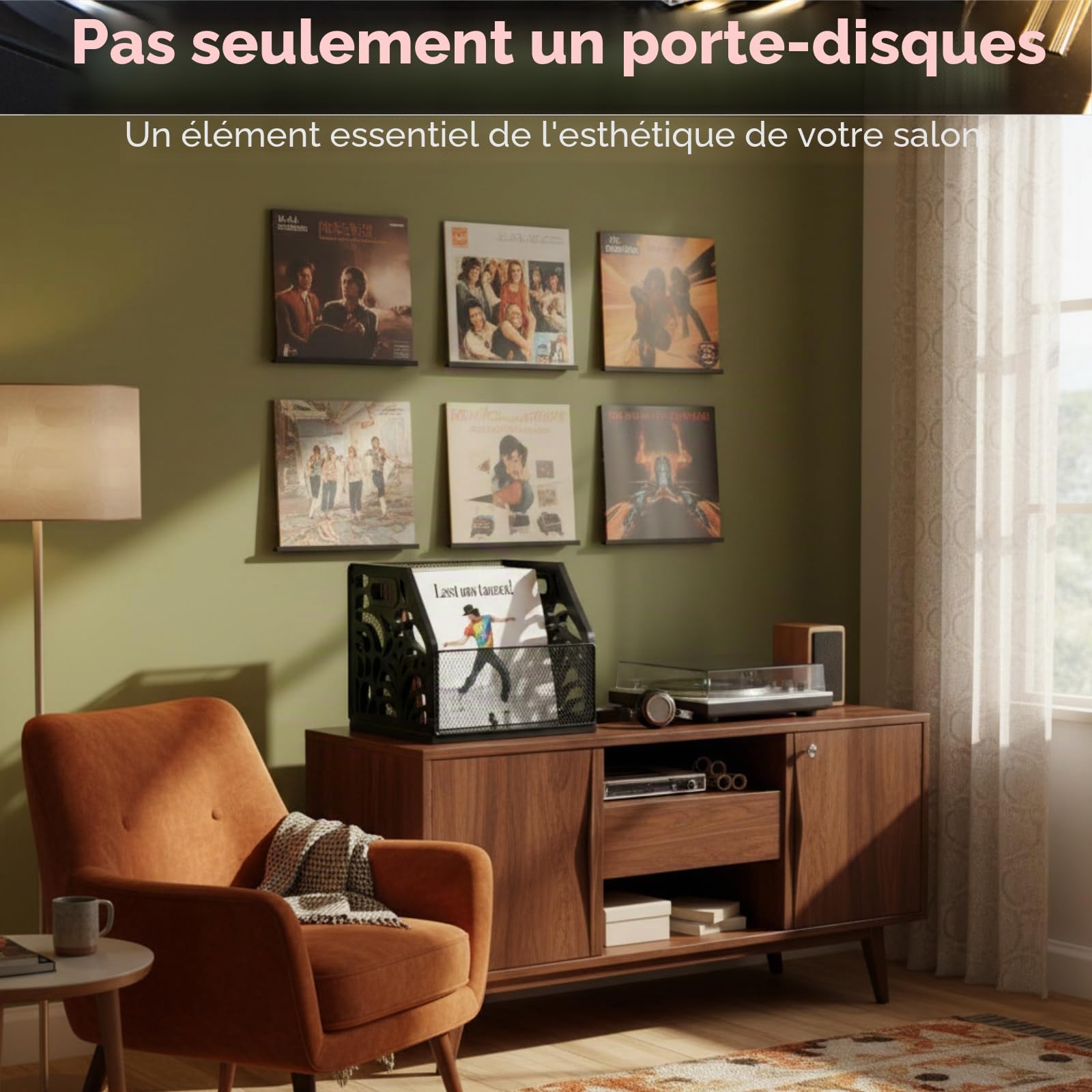 Support de rangement en vinyle pour disques vinyles et plus de 70 LPs, albums, CD, magazines, livres, journaux, design décoratif, noir