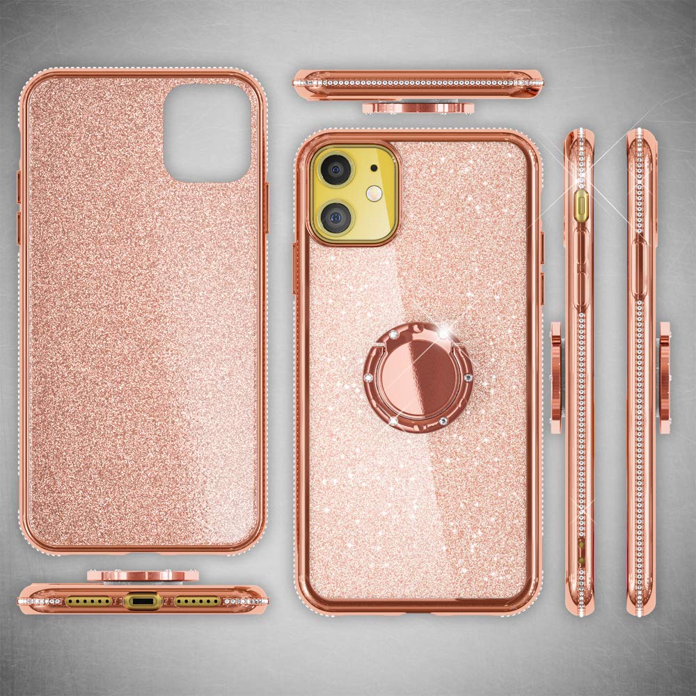 NALIA Ring Case Compatible Con IPhone 12 / IPhone 12 Pro Funda, Silicona Carcasa Con 360-Grados Anillo Giratorio Para Soporte De Coche Magnético, Kickstand Cover Protectora, Color:Rosa Gold Oro