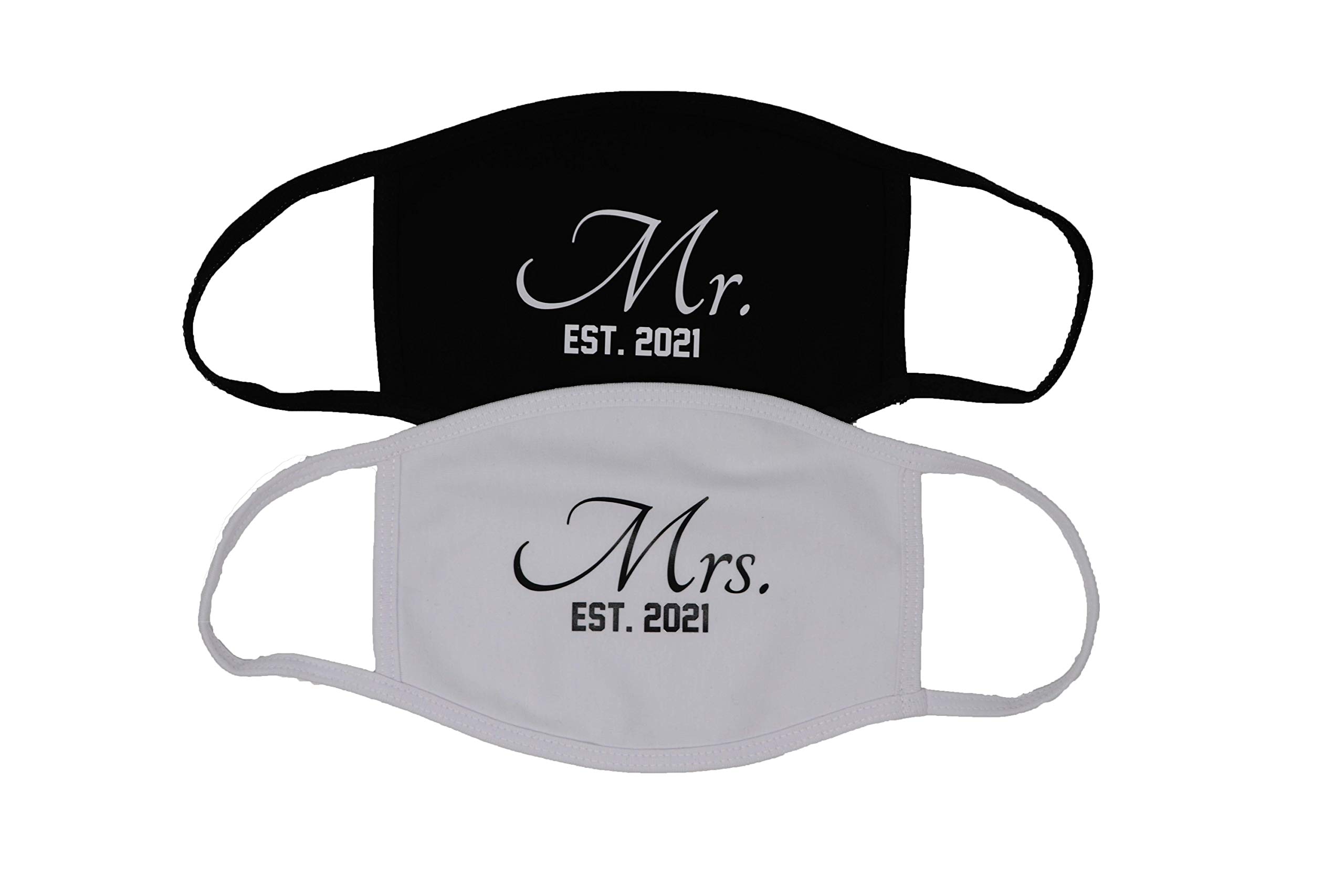 Rae Mode Couples Face Mask Mr Mrs Set Custom Made in USA Double Layer Breathable Comfy Protective Cotton Wash & Reuse (Mr Mrs 2021, Black White)
