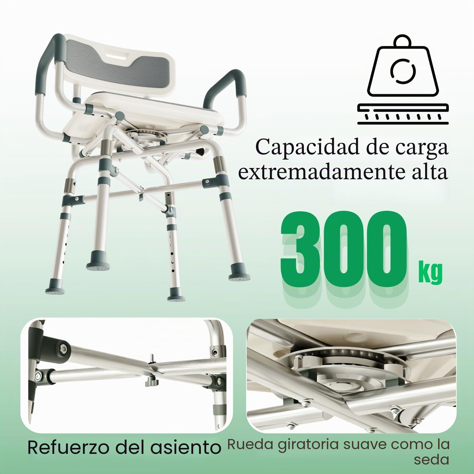 RMAN Silla de Ducha Giratoria 360° con Apoyabrazos para Personas Mayores | Almohadilla EVA, Conteras Antideslizantes, Con Apoyabrazos, Carga 300 kg, Para Mujeres Embarazadas y Movilidad Reducida, Gris