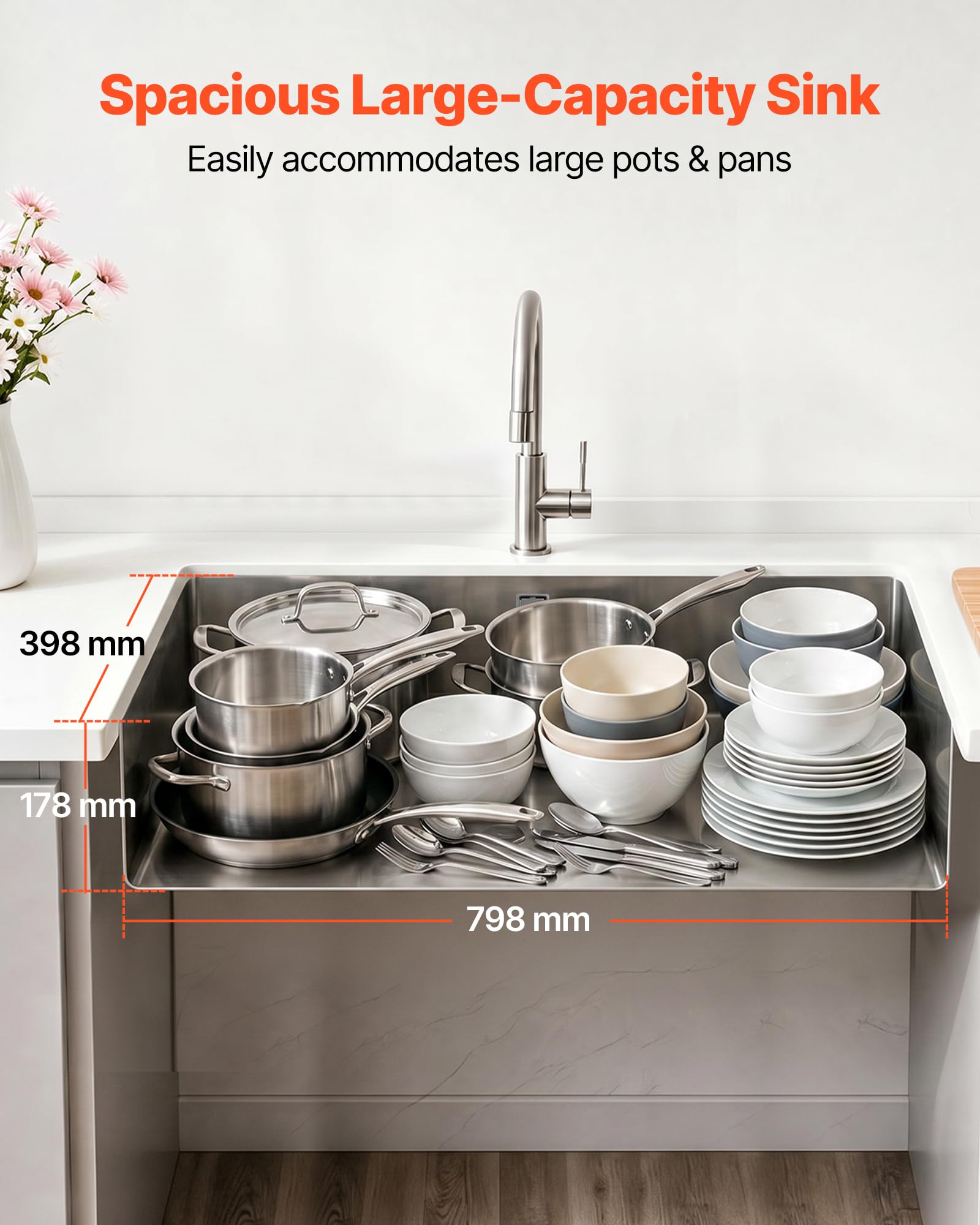 VEVOR Lavello da Incasso per Cucina, Lavello Sotto Banco con Vasca Singola 85 x 45 x 19 cm in Acciaio Inox, Lavandino in Acciaio Inox per Cucina con Foro di Scarico da Preparazione Bar Hotel Camper