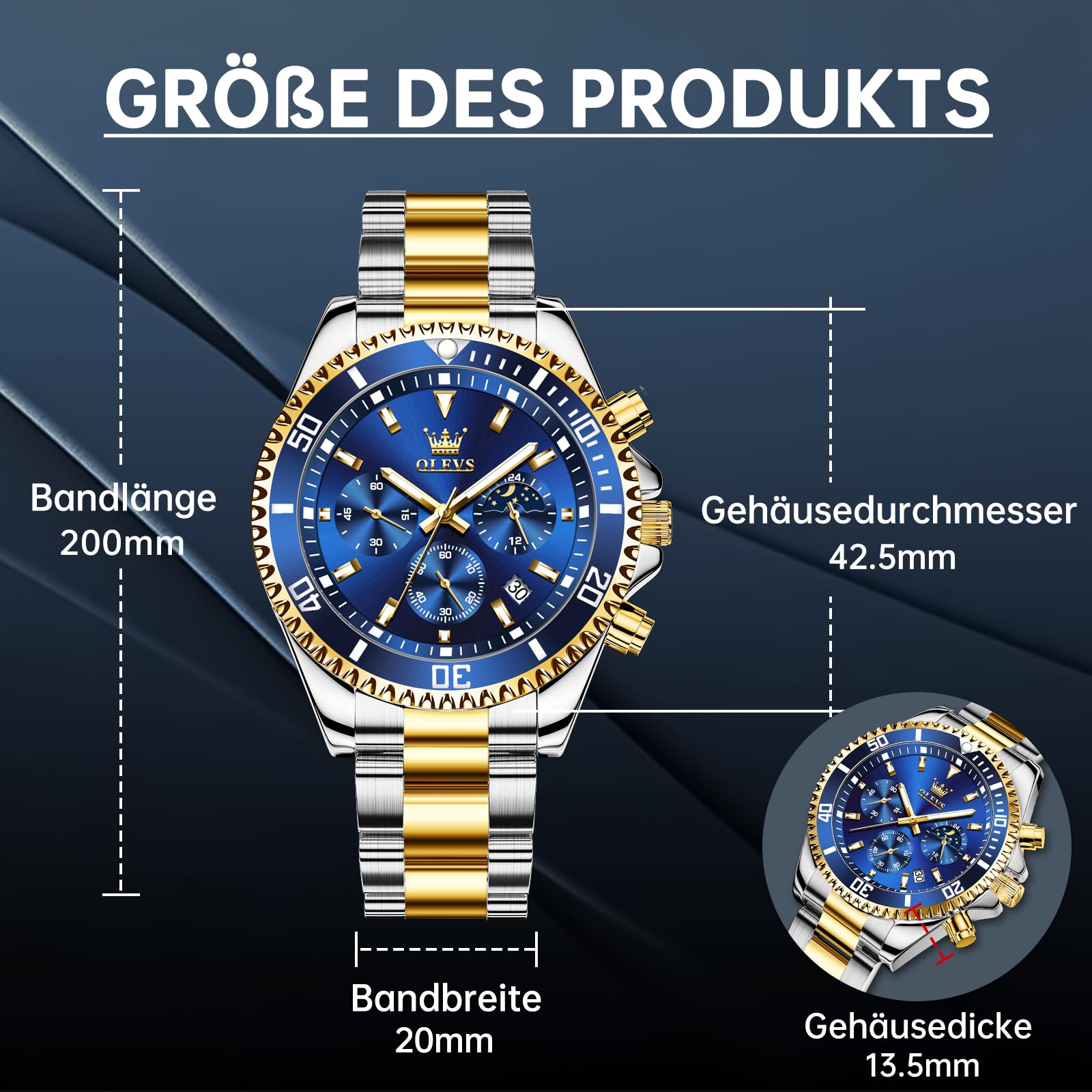 OLEVS Relojes para Hombre, Agua Analógico Cuarzo Resistente para Hombre, Moda Diamantes Luminoso Acero Inoxidable, Fase Lunar Números Romanos Cara Grande
