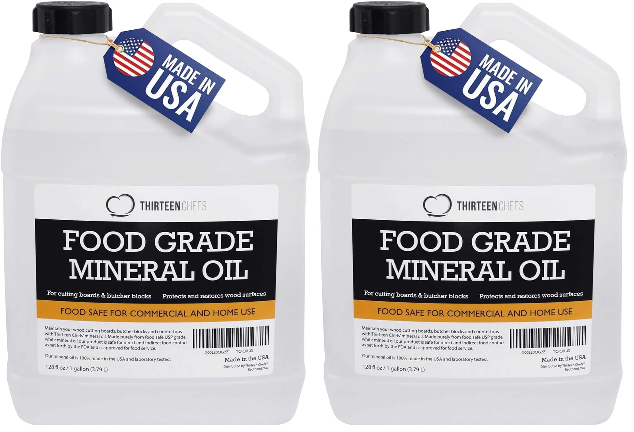 Thirteen Chefs Mineral Oil - 128oz Food Grade Conditioner for Wood Cutting Board, Countertop &amp; Butcher Block, Lubricant for Knife or Meat Grinder - Safe USP Finish on Marble, Soapstone (Pack of 2)