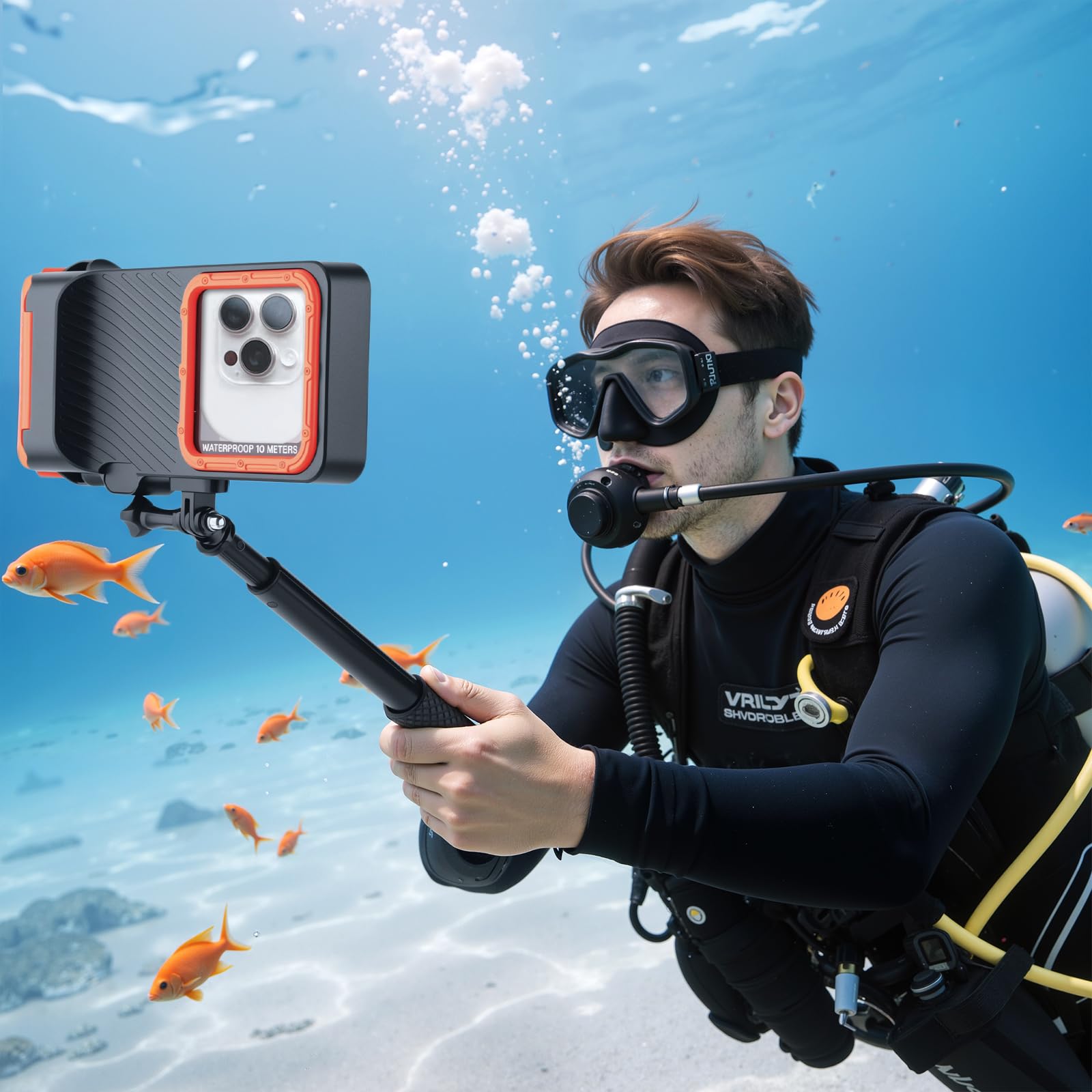 ShellBox wasserdichte Selfie Stick with wasserdichte Handyhülle Set Unterwasser Wasserfeste Handyhülle Schwimmen Baden Tauchen Surfen Bootfahren Compatible iPhone 16e 16 15 14 13 Pro Max Samsung S25