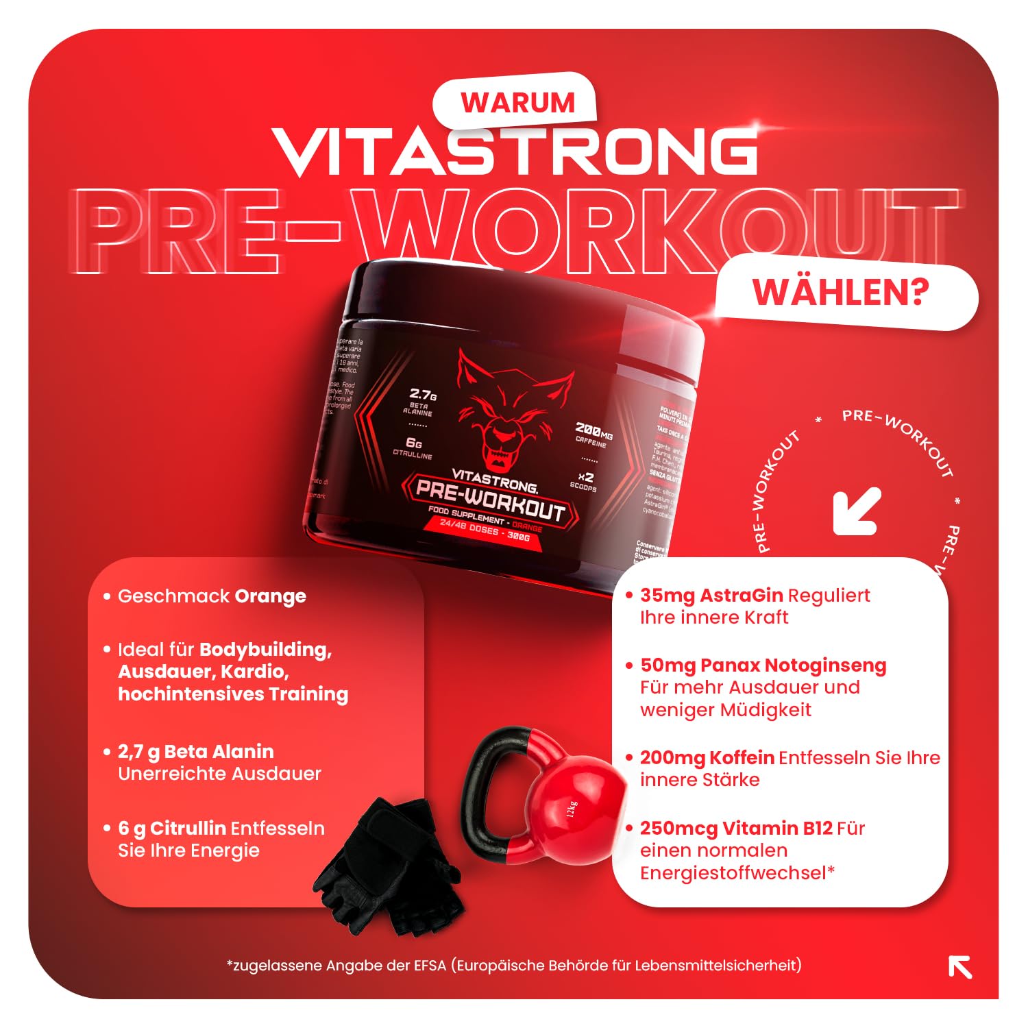 Pre Workout Booster mit Koffein 300g, Vegan Preworkout mit Vitamin B12, Citrullin, Beta-Alanin, Koffein Pulver, Taurin Pulver, AstraGin, Vitastrong Pre Workout (24 Portionen (1er-Packung), Orange)