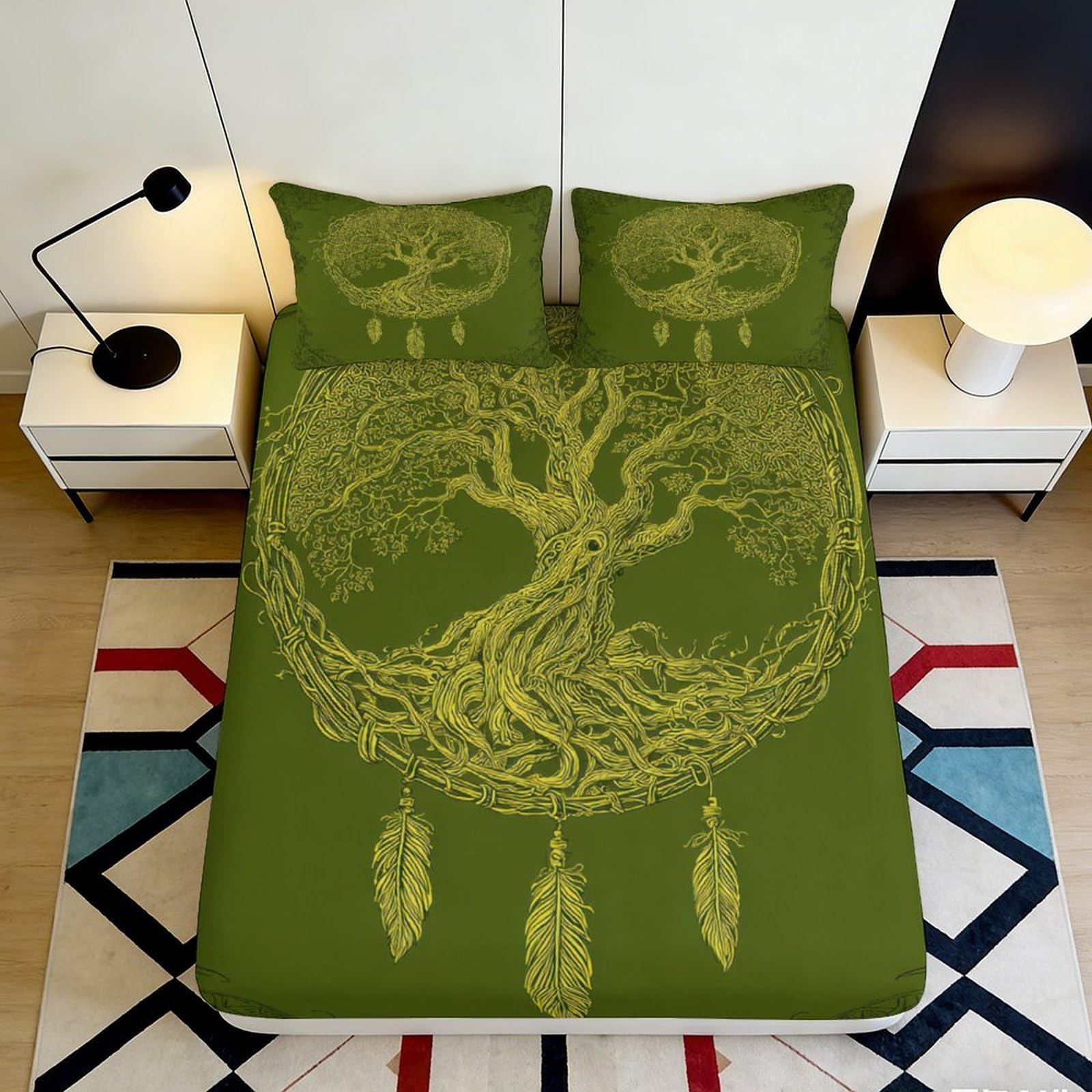3D Printed Green Tree of Life Fitted Sheet Microfiber Anti-Slip Dreamcatcher Bed Cover for Bedroom Dorm Easy Care 200x200x25cm