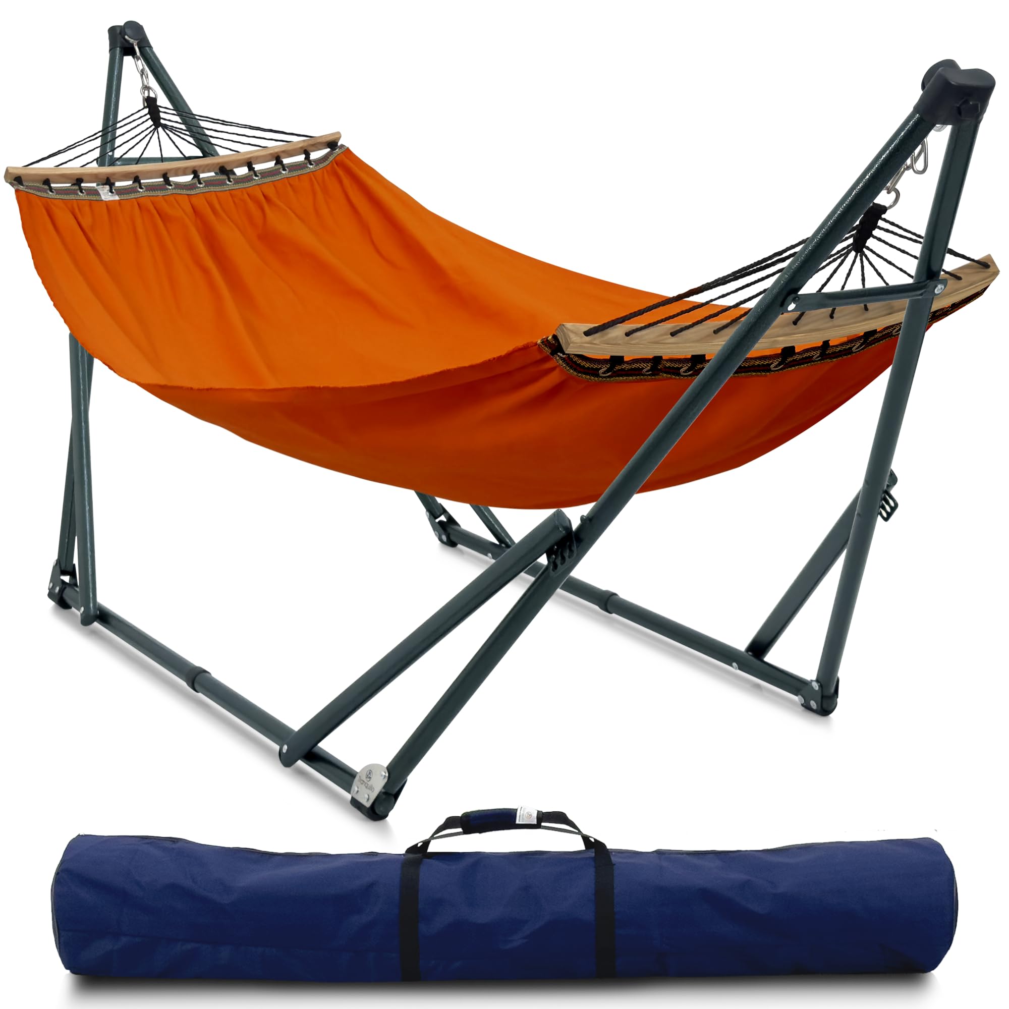 Tranquillo Sturdy Steel Hammock with Stand Premium Cotton Canvas Hammock, 600 lbs Capacity Hammock Stand Folding, Portable 30-Second Fold Unfold Hammock for Camping, Orange