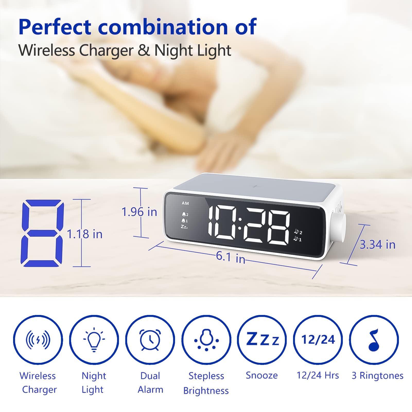 Sveglia Digitale con Ricarica Wireless, Funzione Snooze Luminosità Regolabile per Ufficio, Viaggi, Camera da Letto, Bambini, Adolescenti, Adulti, Regali