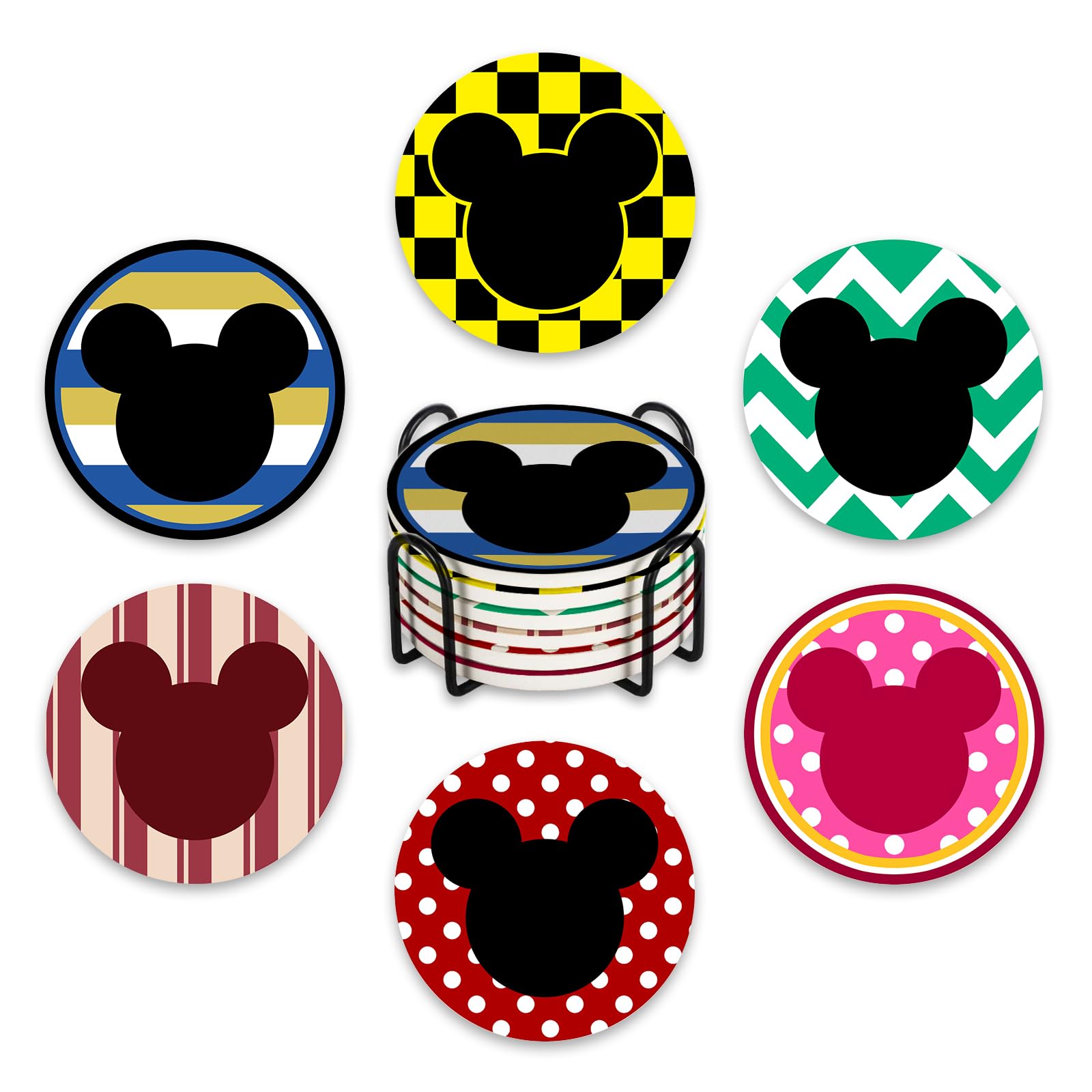 Cute Drink Coasters with Holder Set of 6, Watercolor Absorbent Ceramic Cup Mat for Coffee Table Protection, 4 Inch Polka Dot Stripes Plaid Home Kitchen Decor Housewarming Gifts