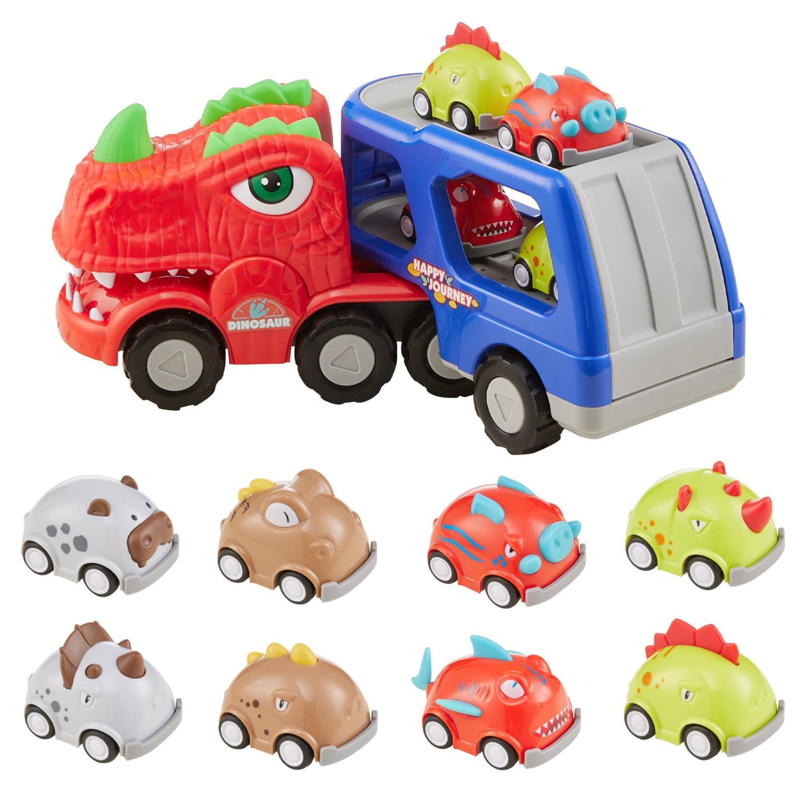 Qivange Dinosaur Carrier Truck Toy with 8 Pull Back Mini Cars, Light, Roar Sound & Spray Effect, Monster Truck Toy Cars Birthday Gift for Toddlers Boys Girls Ages 2-5