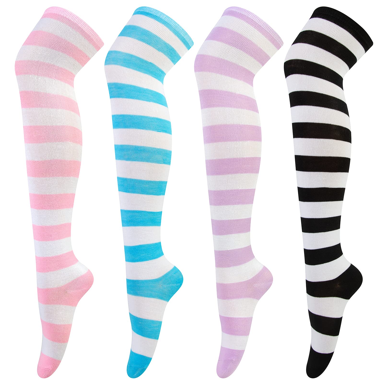 4 Pairs Women's Knee High Socks Over Knee Socks Thigh High Long Socks for Girls, Stretchy Striped Lady Stockings Casual for Daily Wear, Cosplay