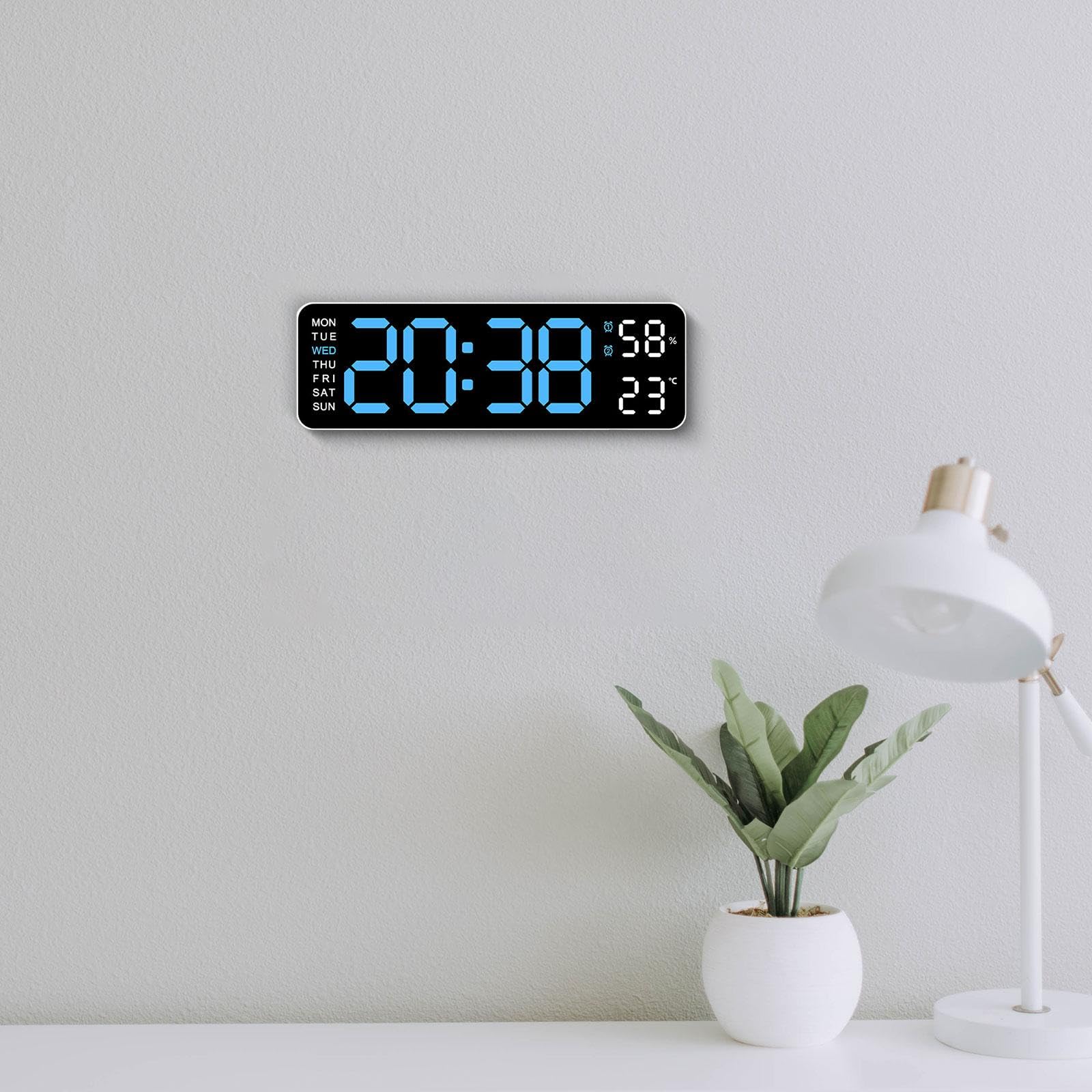 Orologio da Parete Digitale con Retroilluminazione Regolabile, Indicazione di Temperatura, umidità, Giorno/Data, Sveglia E Funzione Snooze, Luce Blu Bianca