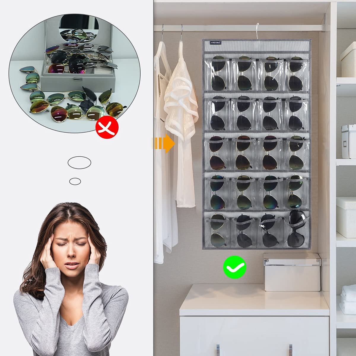 Over the Door Hanging Sunglasses Organizer Storage Sunglass Rack Holder Eyewear Display Case with 16 Clear Pockets