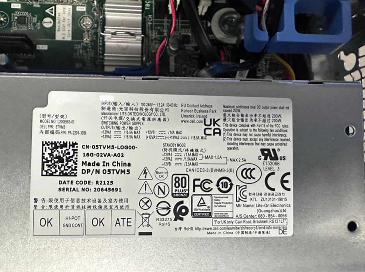 L200EBS-01 H200EBS-01 5TVM5 - Fuente de alimentación para De-ll Optiplex 3080 SFF K92TW R4T90 (200 W)