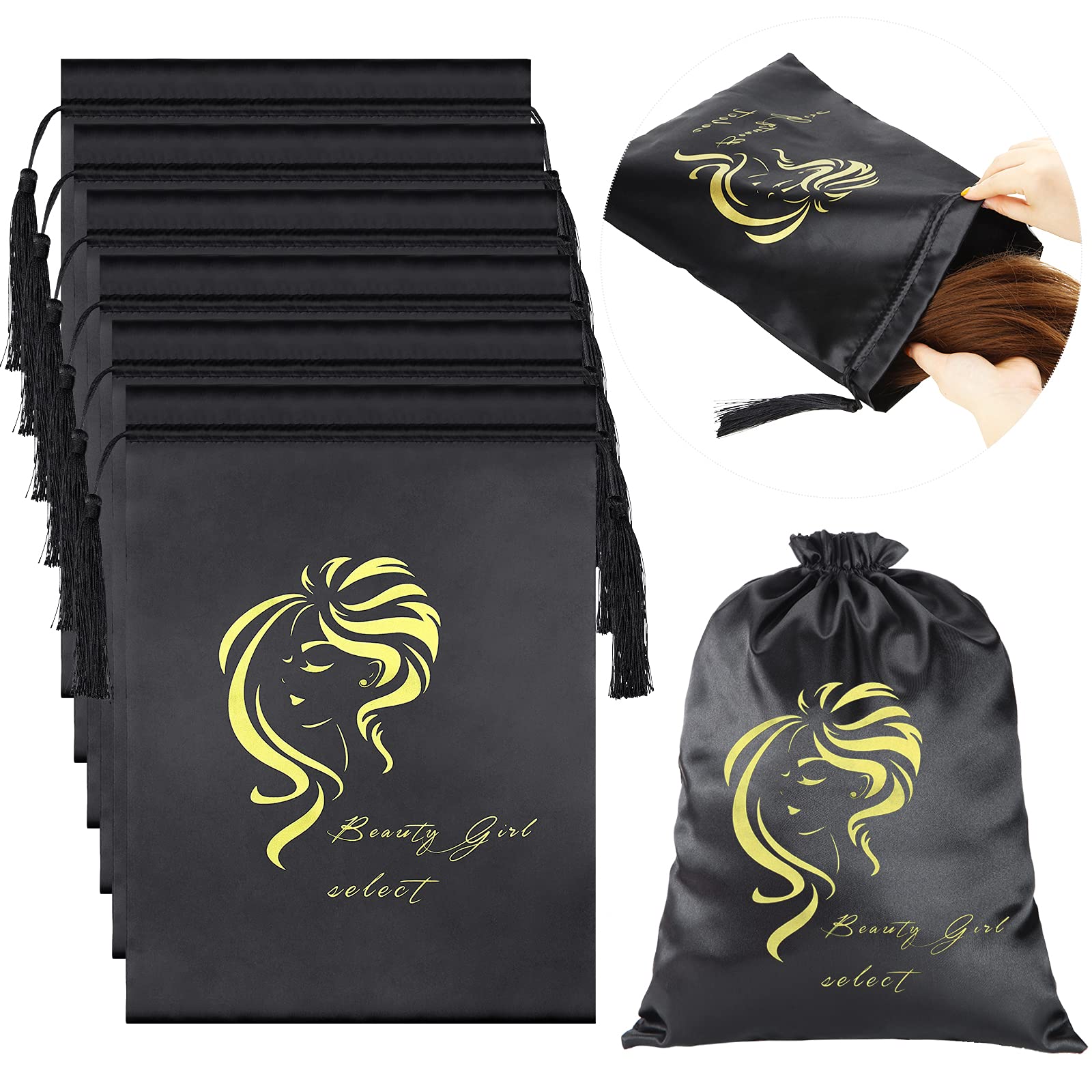 Shappy 6 Pieces Satin Wig Bags Soft Silky Pouches with Drawstring Tassel Packaging Hair Extensions, Bundles, Wigs Bags Hair Tools Storage Bags for Home and Salon Use (Black)