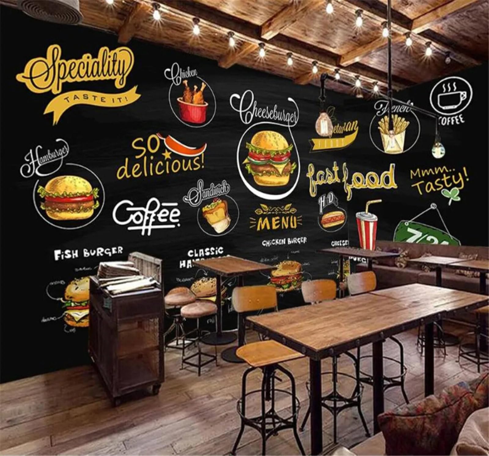 Tzxztt Hand Drawn Blackboard Western Food Pizza Hamburger Modern 3D Wallpaper Premium Textured Silk Neutral Tones Material Ideal for Living Room Bedroom-150cm×105cm