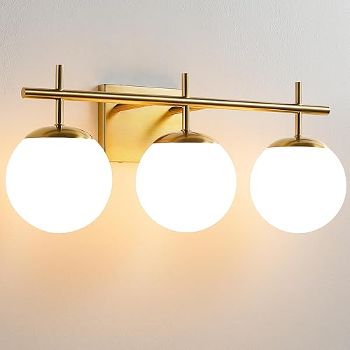 Lámpara dorada para baño, luz de tocador de baño de 3 luces sobre el espejo, accesorios de iluminación modernos con pantalla de vidrio de globo