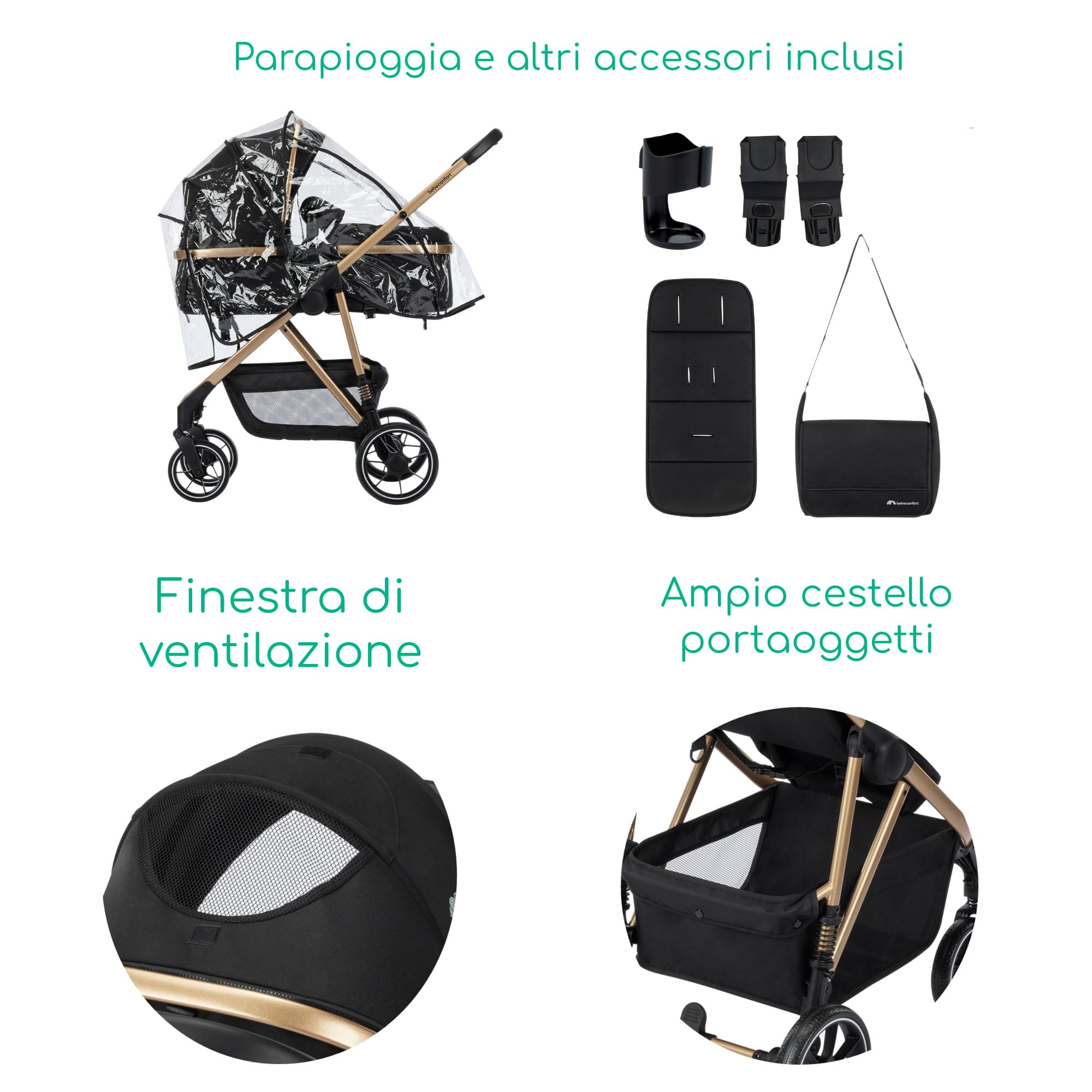 Bebeconfort Zaria Trio, Passeggino Trio Completo 3 in 1, 0-22 kg, Nero/Oro | Sistema Modulare Neonato con Ovetto i-Size, 0-4 Anni, Carrozzina Reversibile, Pieghevole e Reclinabile, 4 Ruote Ammortizzate