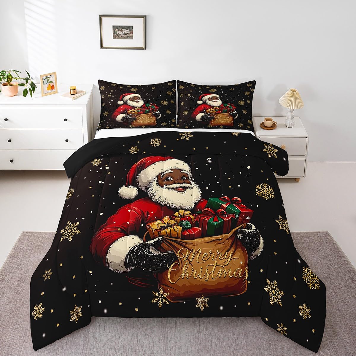 Black Santa Christmas Bedding Sets for Girls African Boy American Kids Home Party, Vintage Black Santa Claus Twin Bed Comforter Set African Comforter