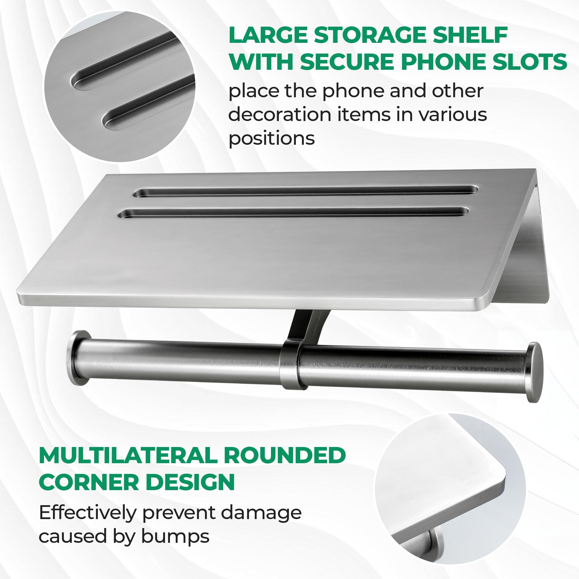 Toilet Paper Holder with Phone Shelf - Aluminum Double Roll Tissue Holder — Amazon image 3