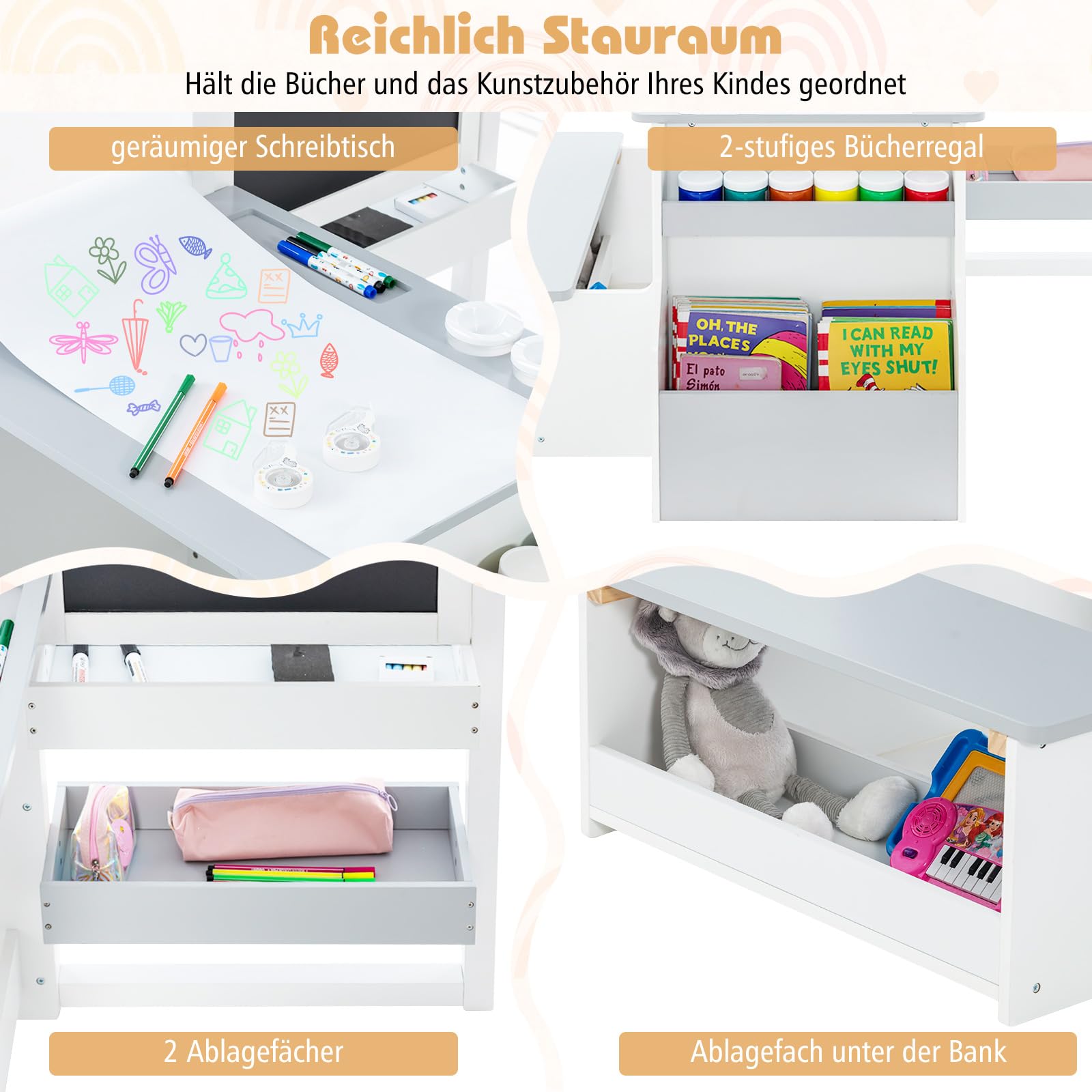 DREAMADE 3 in 1 Kindersitzgruppe, Höhenverstellbares Tisch Stuhl Set Mit Strauraum, Papierrolle, Ablagefächer & Bücherregal, Staffelei Maltisch Set Für Kinder Ab 3 Jahren (Grau+Weiß)