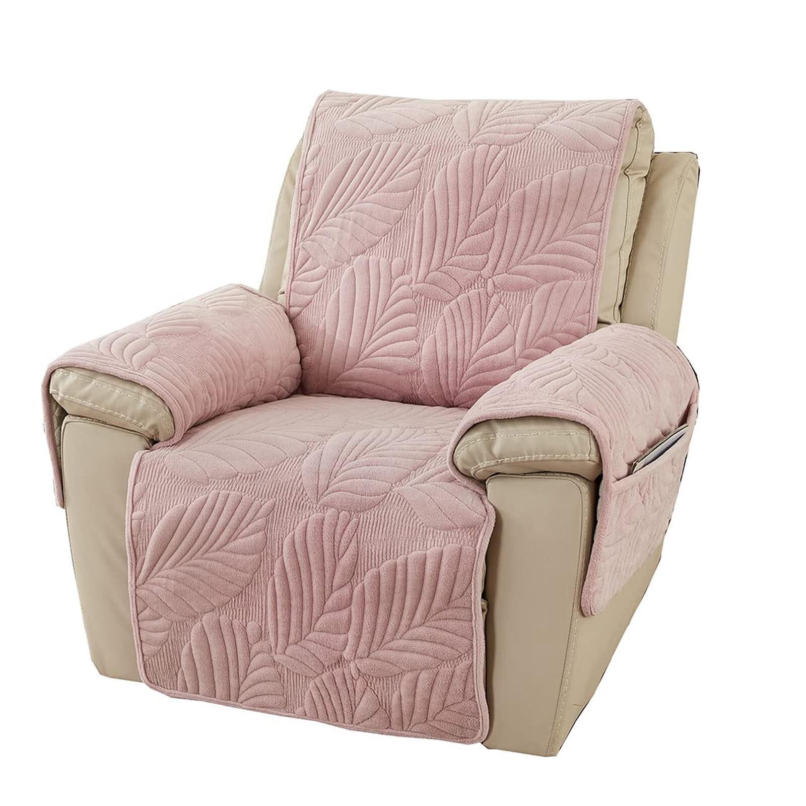 Velvet Plush Quilted Recliner Chair Cover, Palm Leaves Design Anti-Slip Super Soft Furniture Protector Slipcover with Elastic Straps for Kids, Pets, Dogs (Pink)