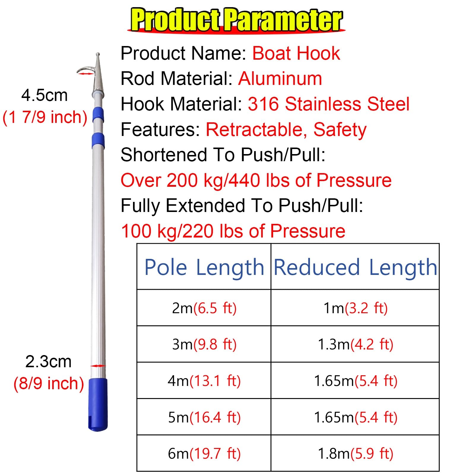 Mezzo Marinaio Telescopico Asta per Gancio per Barche, Resistente, Ganci Estensibili Assistenzafacile Manovra delle Imbarcazioni, Aste per Scialuppe di Salvataggio Emergenza(2 PCS,3.0 m/9.8ft)