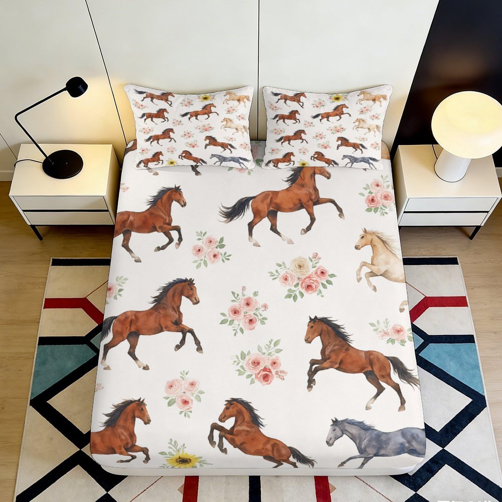 Decorative horse pattern Fitted Sheet, 3D Printed, Microfiber soft touch, guest room bedding, wrinkle resistant, stylish room accent, bedroom decor 90x200x25cm