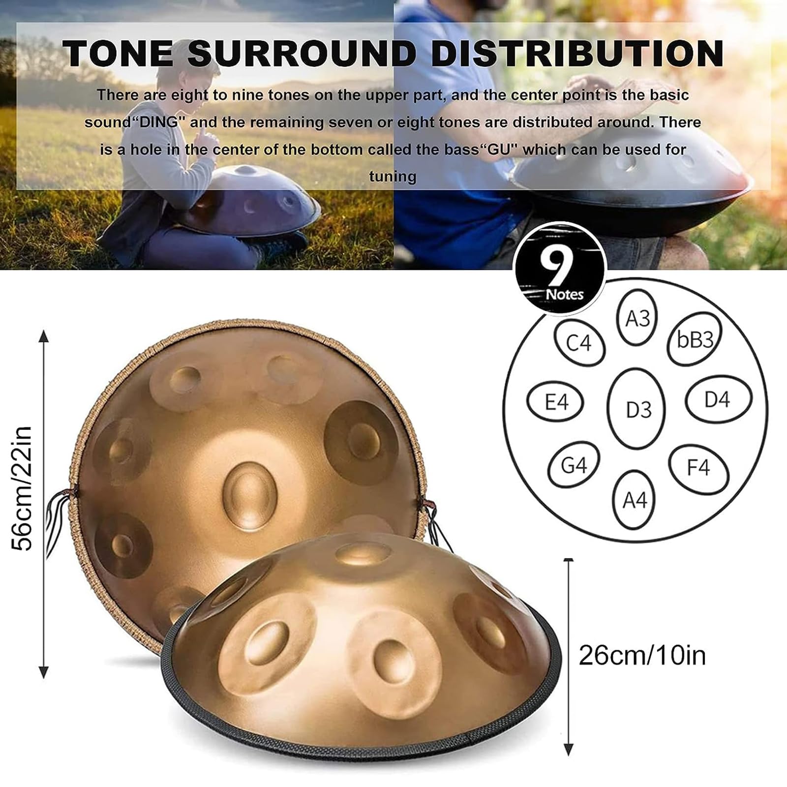 Ręka orzechowa 9/10 w D Minor - 440Hz 22" stalowy bęben z miękką torbą, 2 młotki, stojak do uzdrawiania dźwięku, medytacji