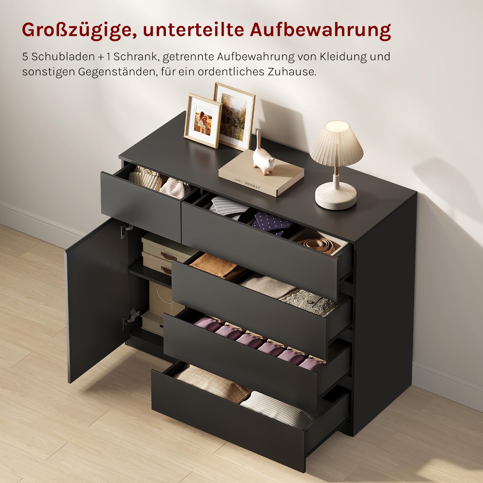 WOLTU Kommode schwarz, mit 5 Schubladen, 1 Schranktür, Moderner Schubladenschrank mit Verstellbarer Ablage, für Wohnzimmer Schlafzimmer Flur, 100 x 80 x 40 cm