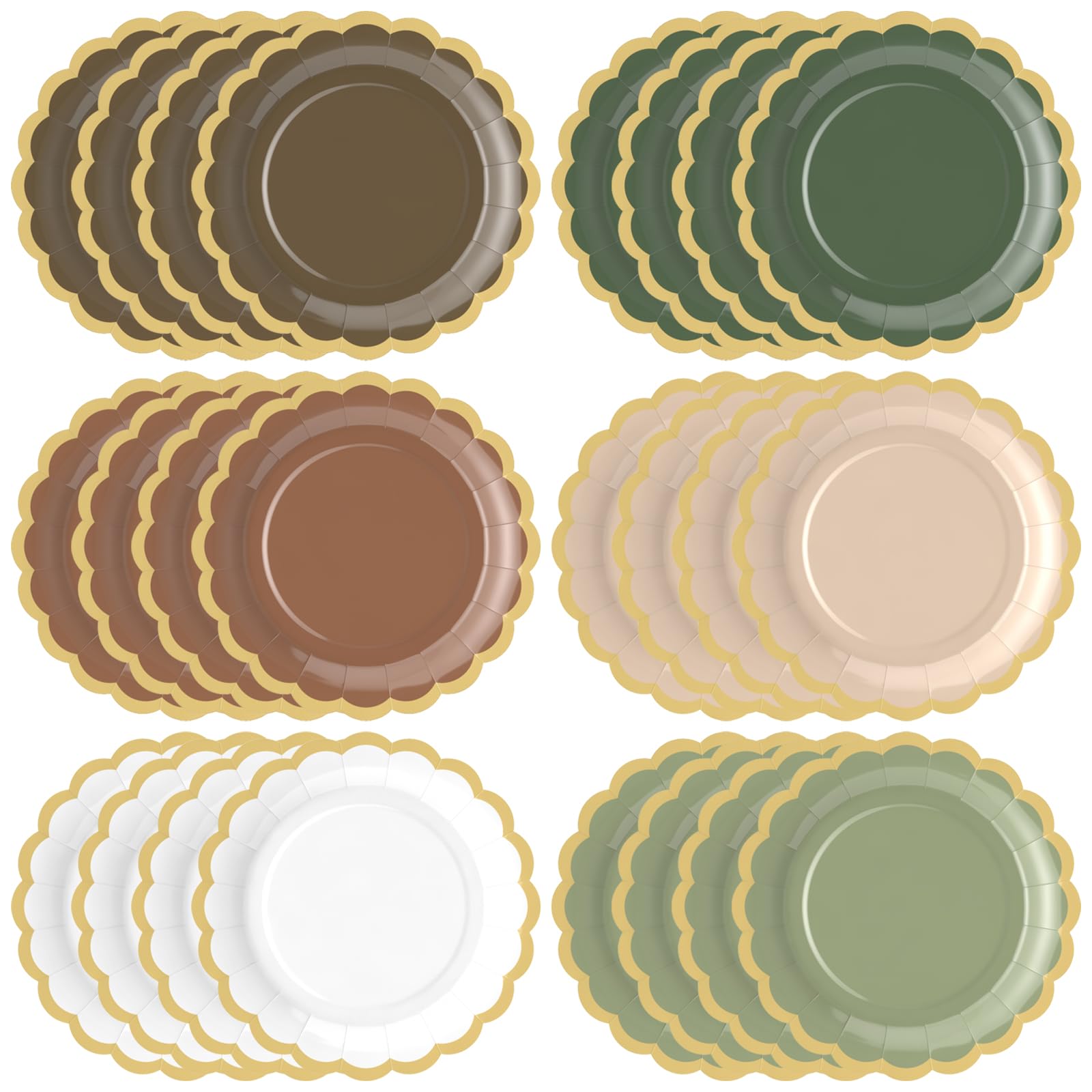 48 Pcs Woodland Green and Brown Paper Plates 9 Inch Gradient Scalloped Paper Disposable Dinner Dessert Plates for Birthday Wedding Bridal Party Supplies, 6 Colors