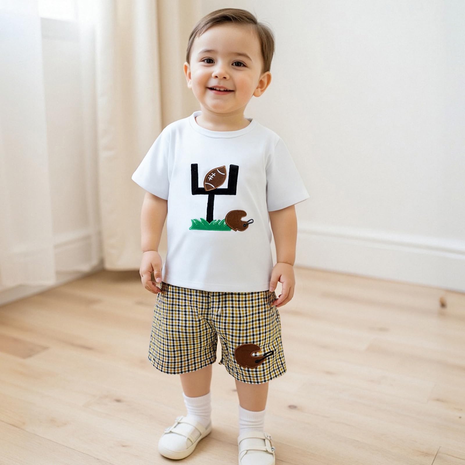 Toddler Baby Boy Football Outfit Rugby Embroidery Short Sleeve T-Shirt Shorts Set Summer Game Day Clothes (Football White, 18-24 Months)