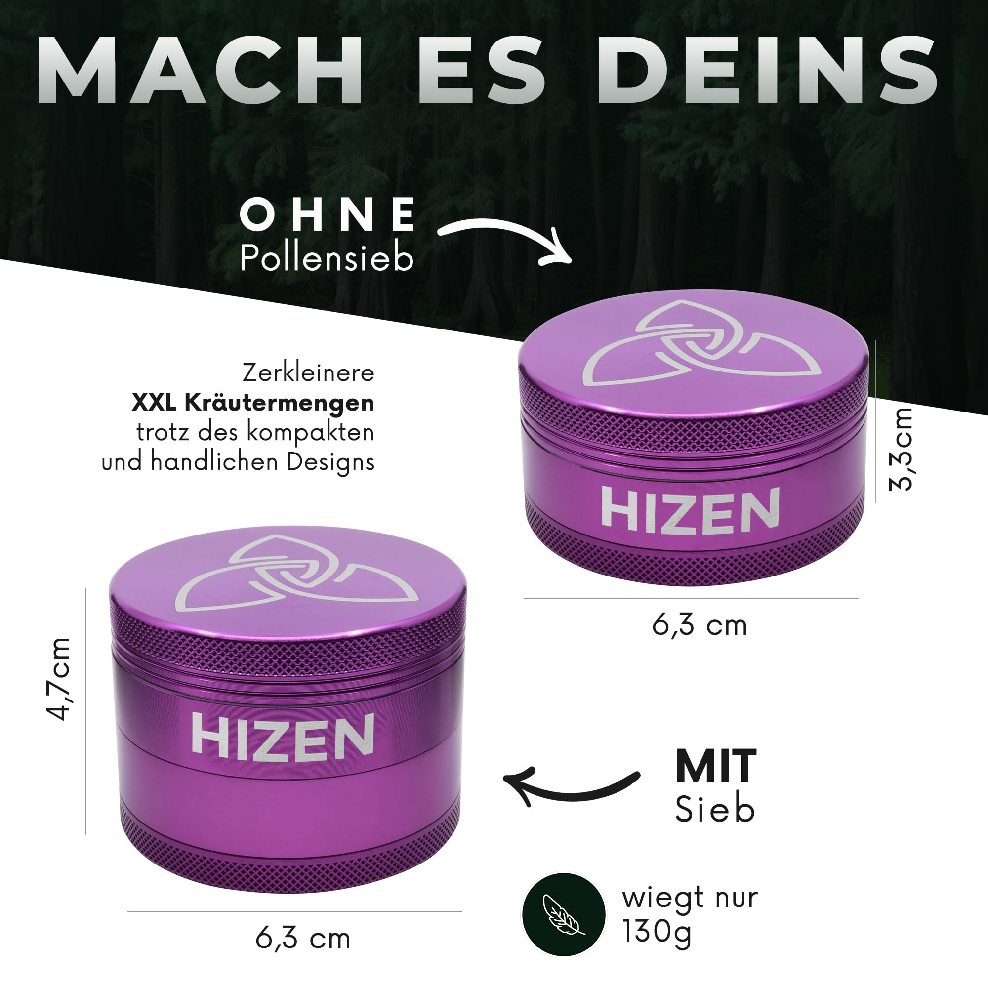 HIZEN Molinillo de aluminio XXL de 63 mm de diámetro, personalizable, 4 piezas, juego de trituradoras para hierbas secas, polen, flores, especias con compartimento para polen y raspador