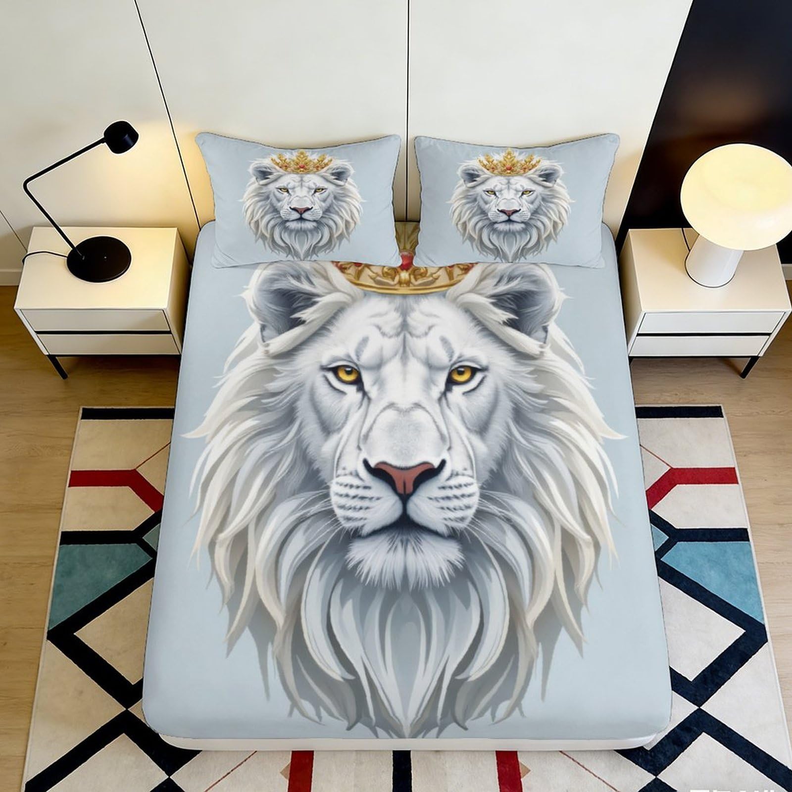 3D Printed White Lion Fitted Sheet Microfiber Soft Durable Crowned Lion Mattress Cover for Bedroom Dormitory Guest Room Protection and Decoration 180x200x25cm