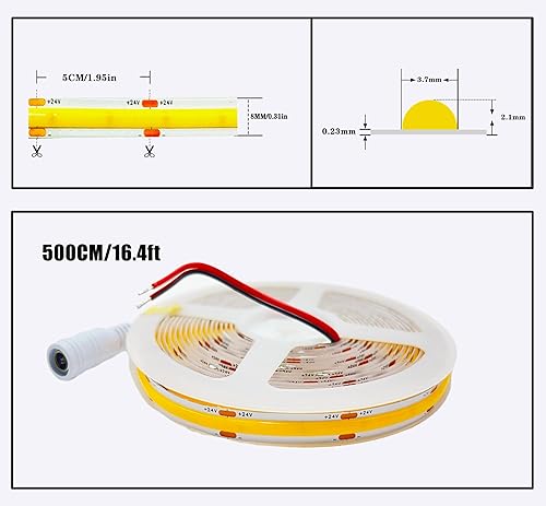 Miniatura 5 de PISIN Tira de luz LED COB de 24 V, color blanco cálido, 3000 K, IP20, emisora de luz uniforme 480 LEDsM, 16.4 pies16.4 ft, CRI90, tira de luz LED