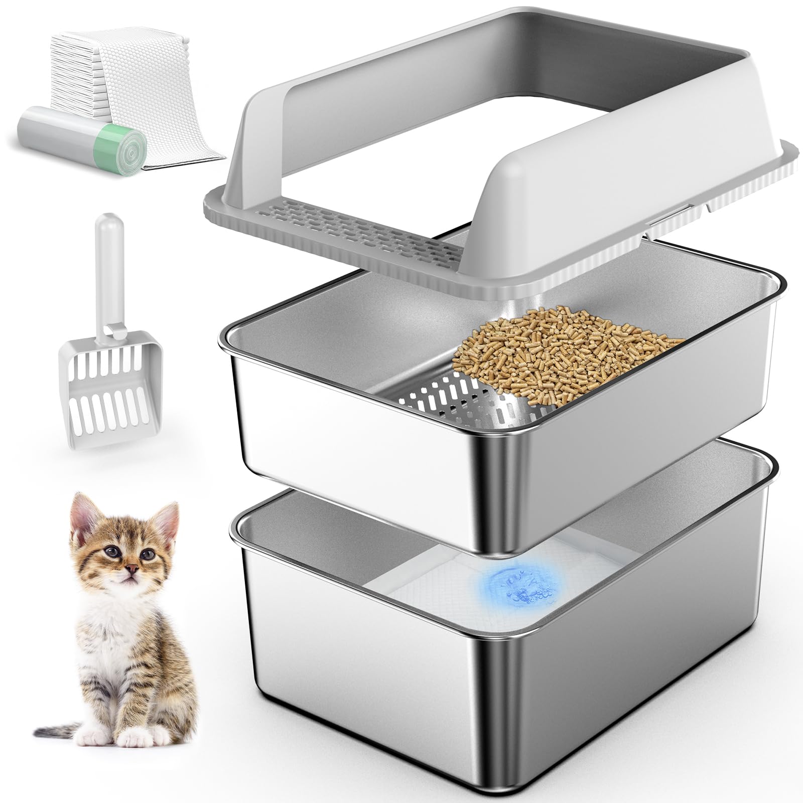 Stainless Steel Litter Box with Lid, Sifting Litter Box for Pine Pellets, 17.3”&times;13.4”&times;10.5” Enclosed Metal Litter Boxes for Small Cats & Kittens, High Sided Anti-Leakage, Easy Cleaning, Less Tracking