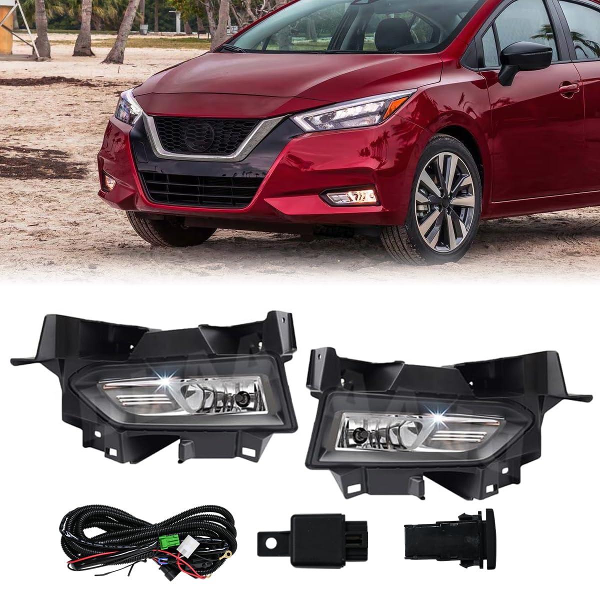 Fog Lamps Assembly with Bulb Compatible with 2020 2021 Nissan Versa,Fog Lights with Covers Harness Switch Kit Replacement for Left&Right Side Fog Lights Assembly 2Pcs