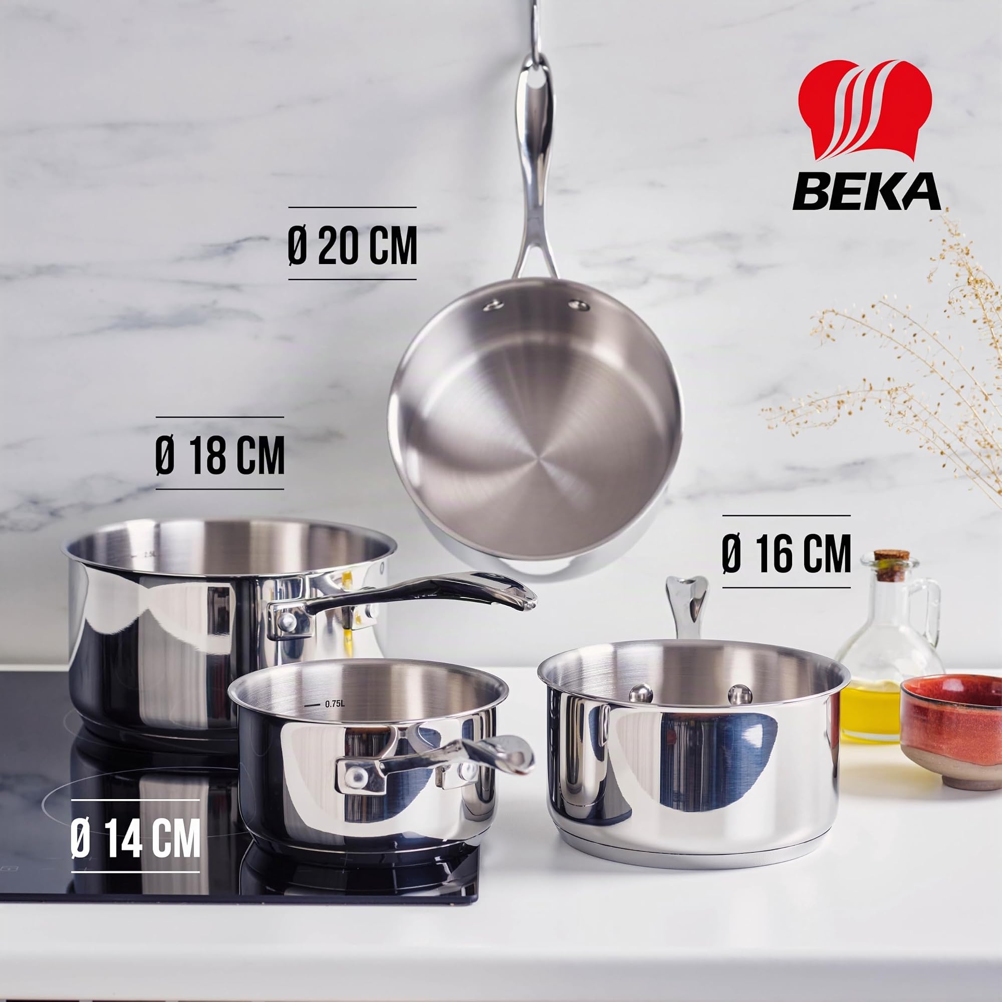 Beka 12066984 - Set casseruole in Acciaio Inox on Manico, 14/16/18/20 cm, 4 Pezzi