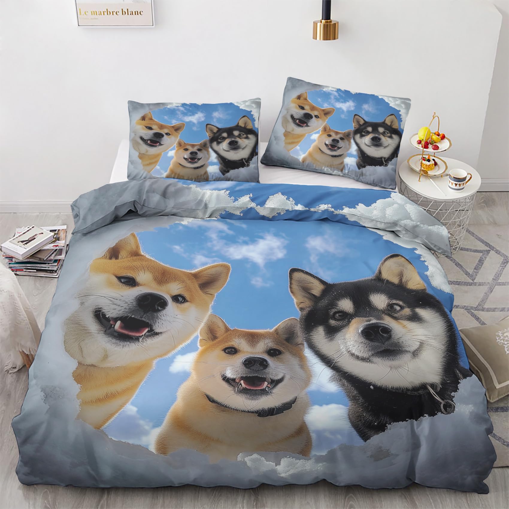 LMMSMGS Double Duvet Cover Shiba Inu Duvet Cover with 2 Pillowcases 50x75cm Thermal Double Bedding Set Ultra Soft Warm Fluffy With Zipper Closure for Aldults Kids