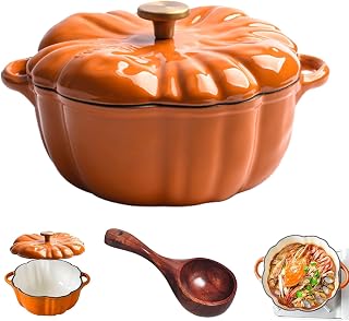 Enameled Cast Iron Pumpkin Dutch Ovens with Lid, Pumpkin Dutch Oven, 4-Quart Non-Stick, Heavy-Duty Cookware for Braising, Stews, Roasting, Fall Thanksgiving Decor (S/Round Knob)