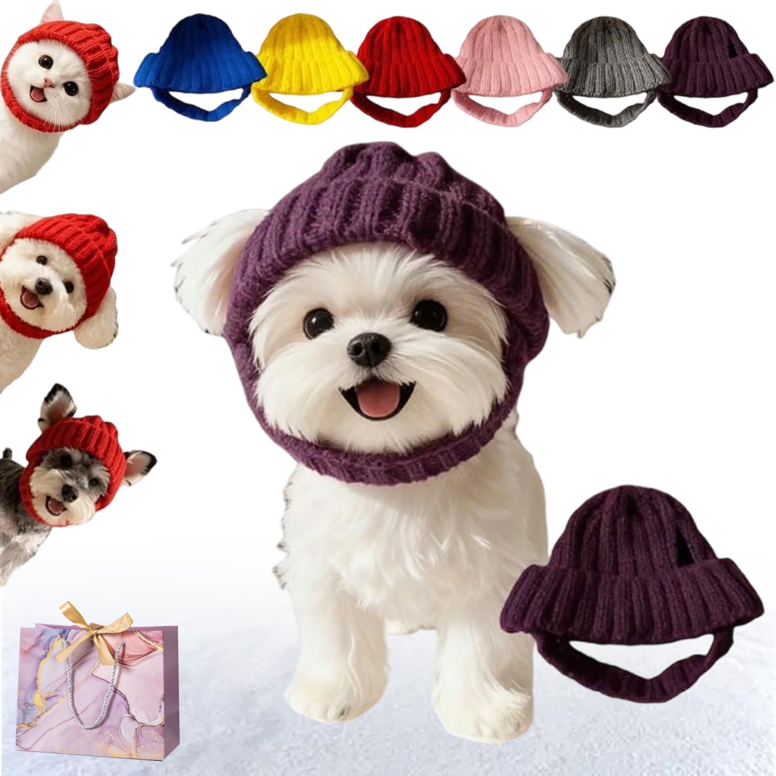 Red Wool Knit Dog Beanie with Ear Flaps – Warm Winter Hat, 2026 Soft Knitted Hat Pet Cap, Warm Knit Winter Cute Pet Wrap, Dog Headband with Ear Holes, for Cold Weather Windproof (Purple)