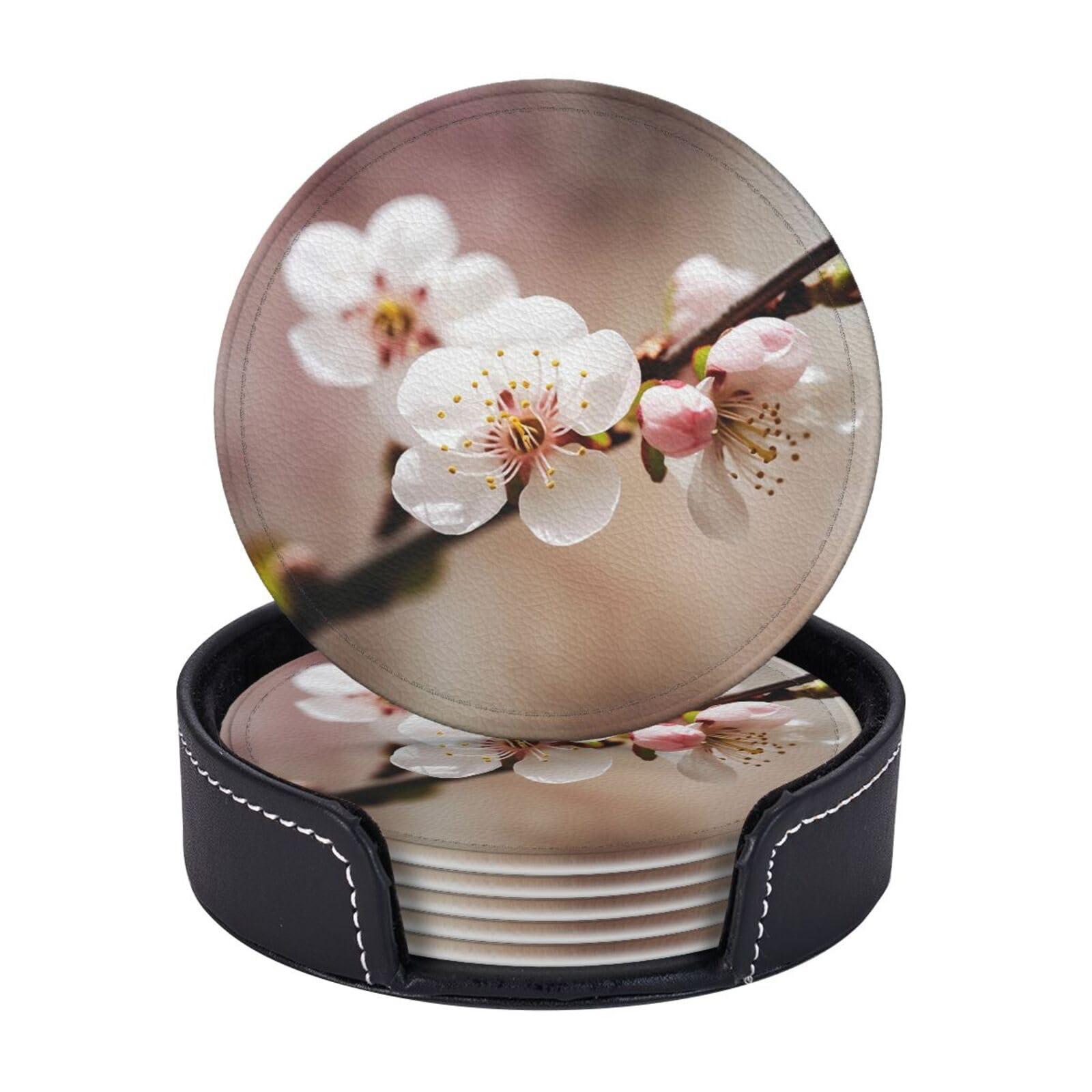 Round Coasters for Drinks Set of 6 - PU Leather Coasters with Holder - Modern Drink Coasters for Coffee Table - Cherry Blossom Coaster for Tabletop Protection 4" Cup Mat Pad