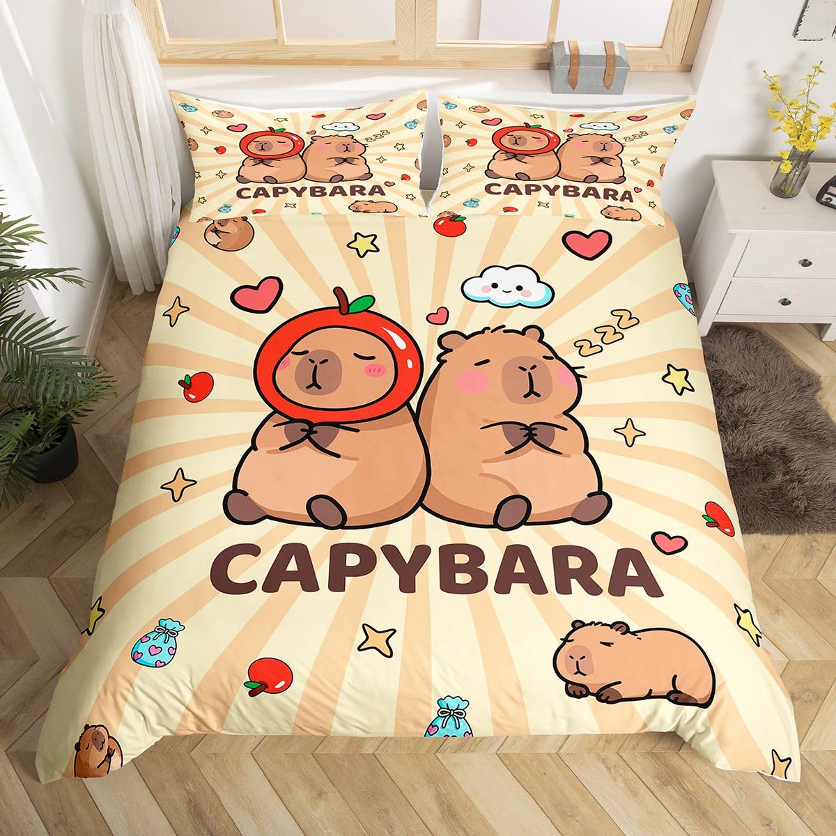 Homewish Kids Cartoon Capybara Single Duvet Cover Set for Boys Girls - Cute Apple Capybara Teens Bedding Room Decor - Kawaii Brown Animal Print Quilt Cover Beige Striped Bed Set - 1 Pillowcase